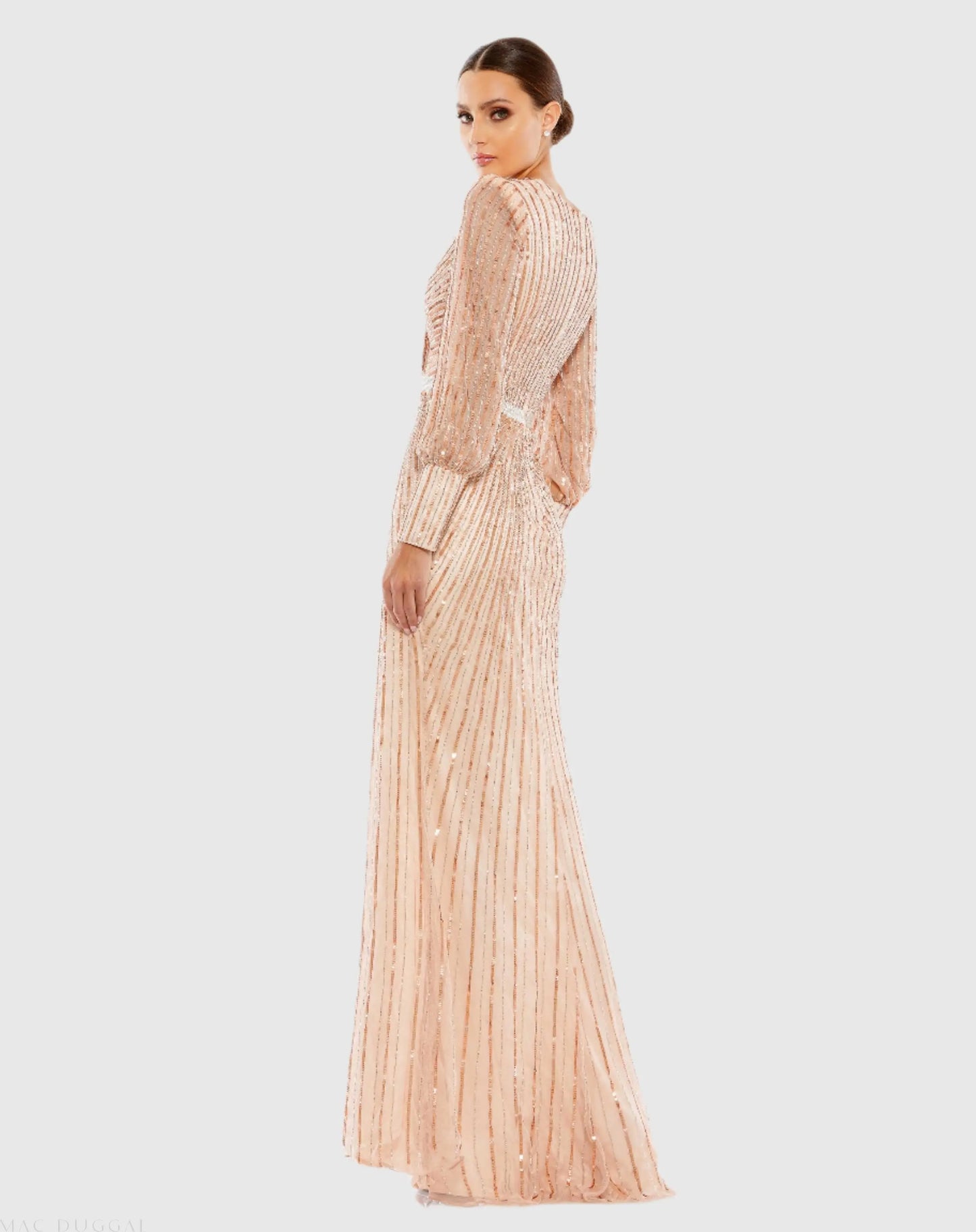 Pink Sequined Wrap Over Bishop Sleeve Gown - Mac Duggal