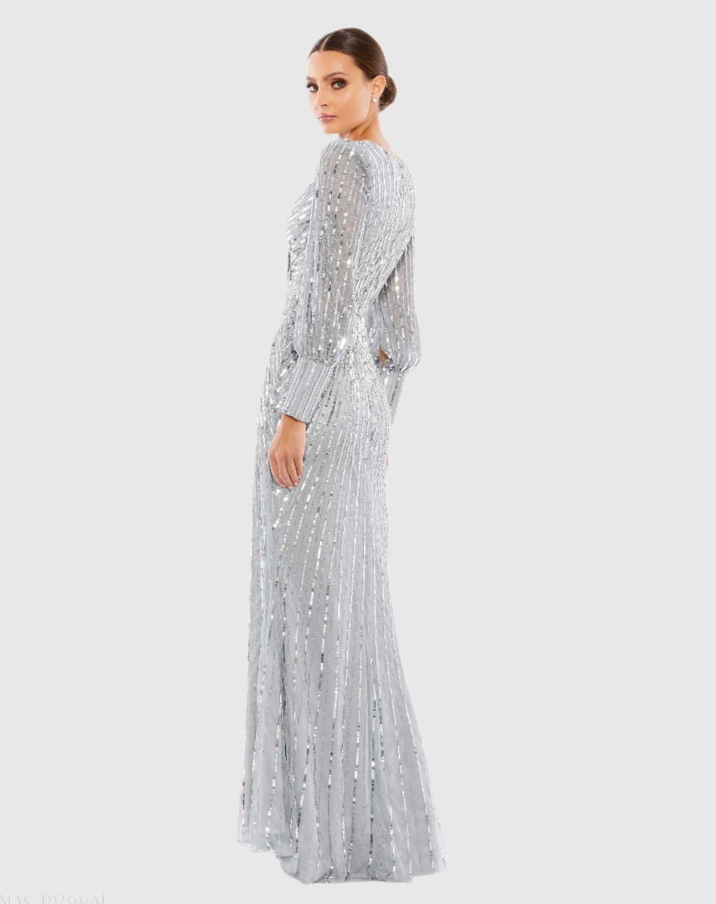 Silver Sequined Wrap Over Bishop Sleeve Gown - Mac Duggal