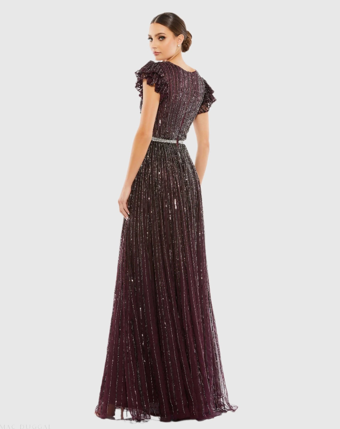 Dark Purple Sequined Wrap Over Ruffled Cap Sleeve Gown - Mac Duggal