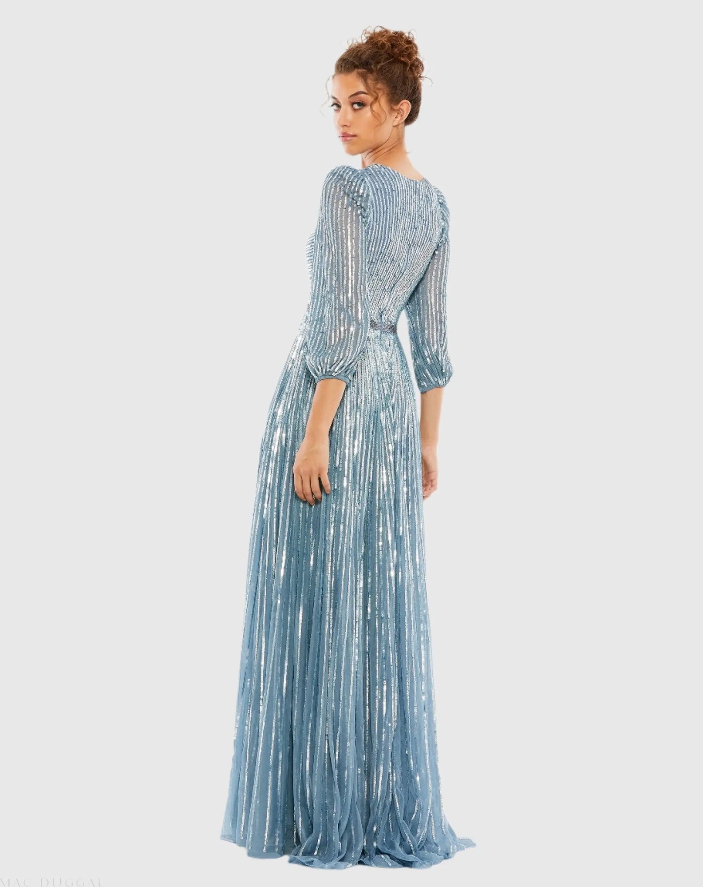 Blue Sequined Wrap Over 3/4 Sleeve Gown - Mac Duggal