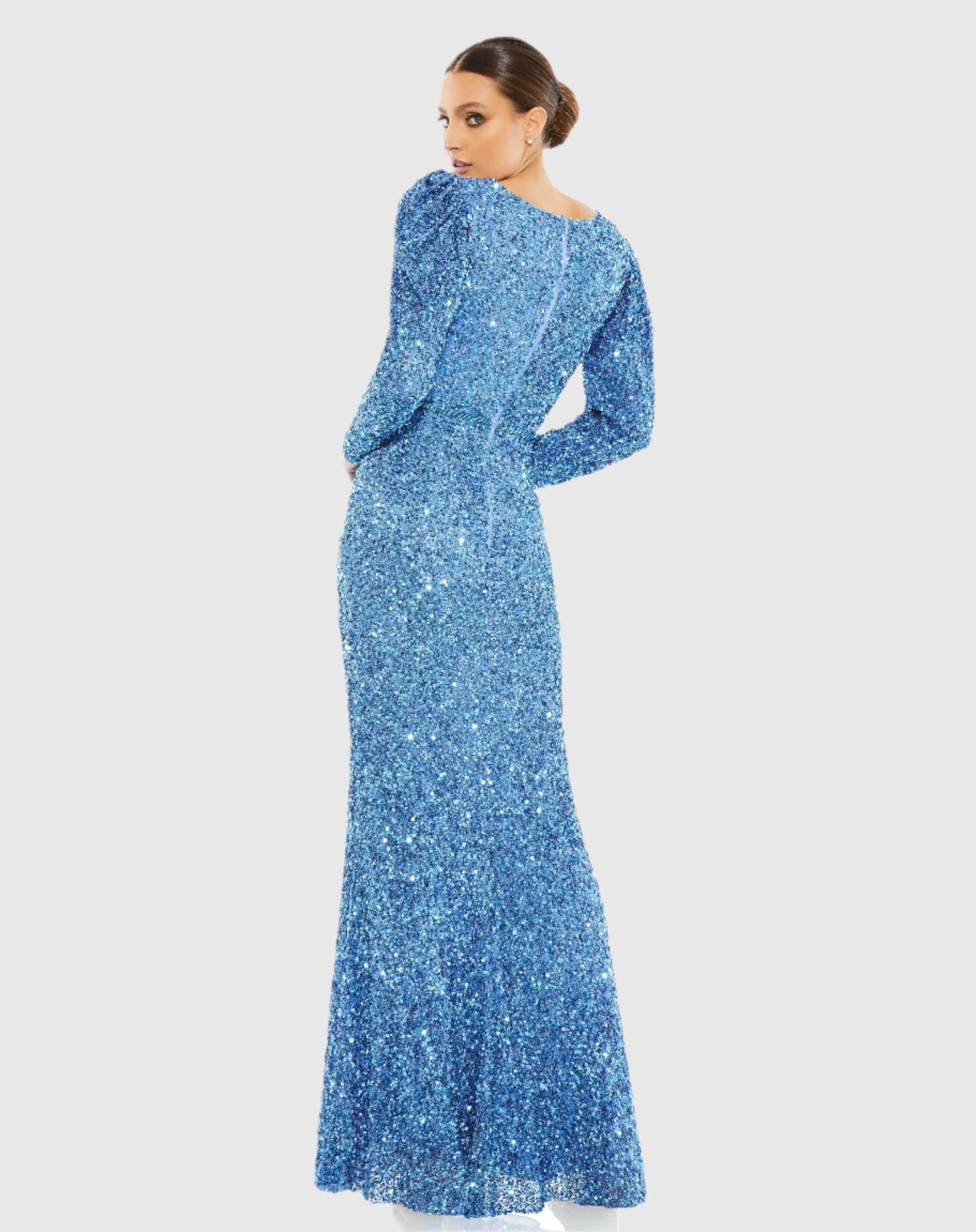 Blue Puff Shoulder Sequined Surplice Gown - Mac Duggal
