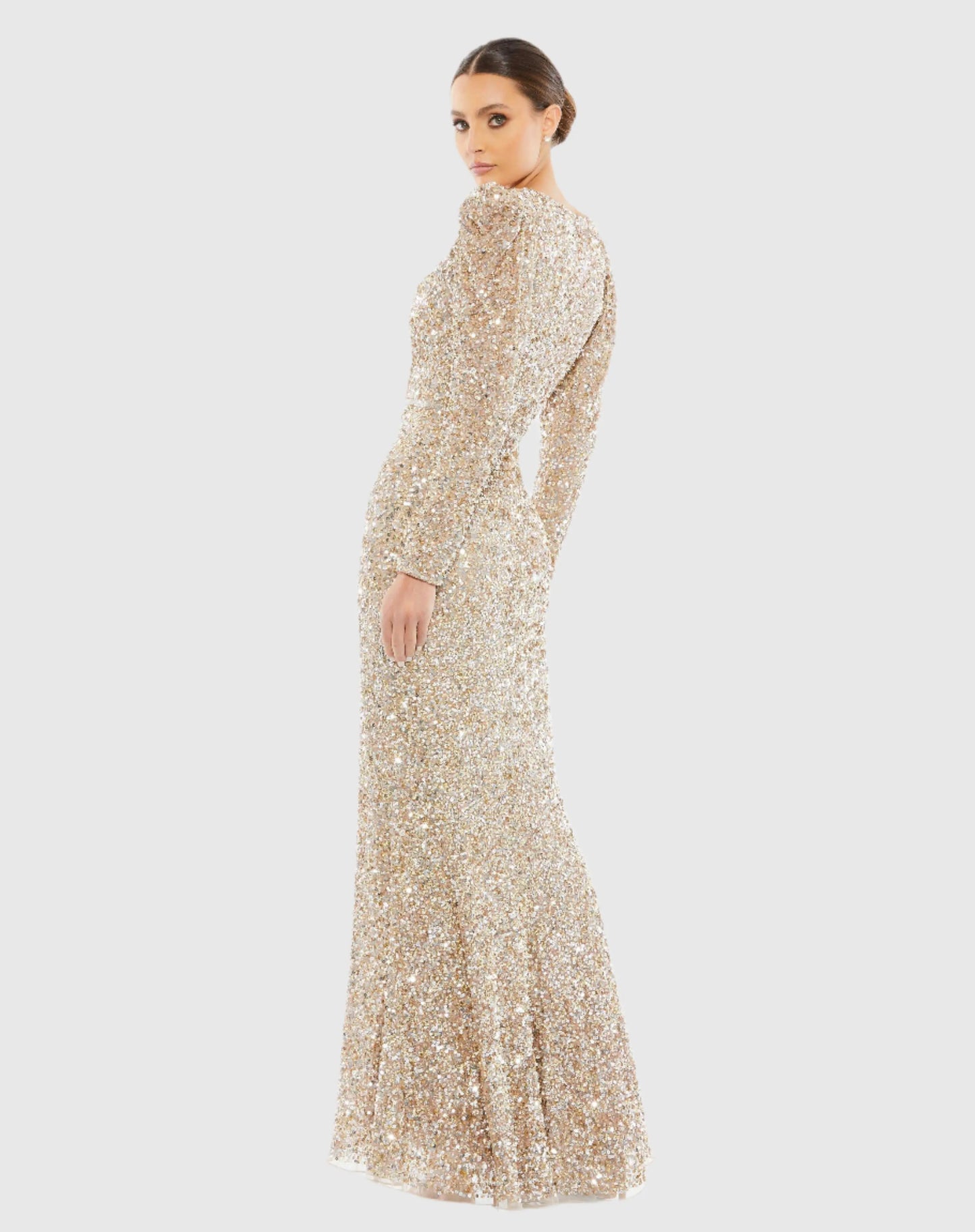 Gold Puff Shoulder Sequined Surplice Gown - Mac Duggal