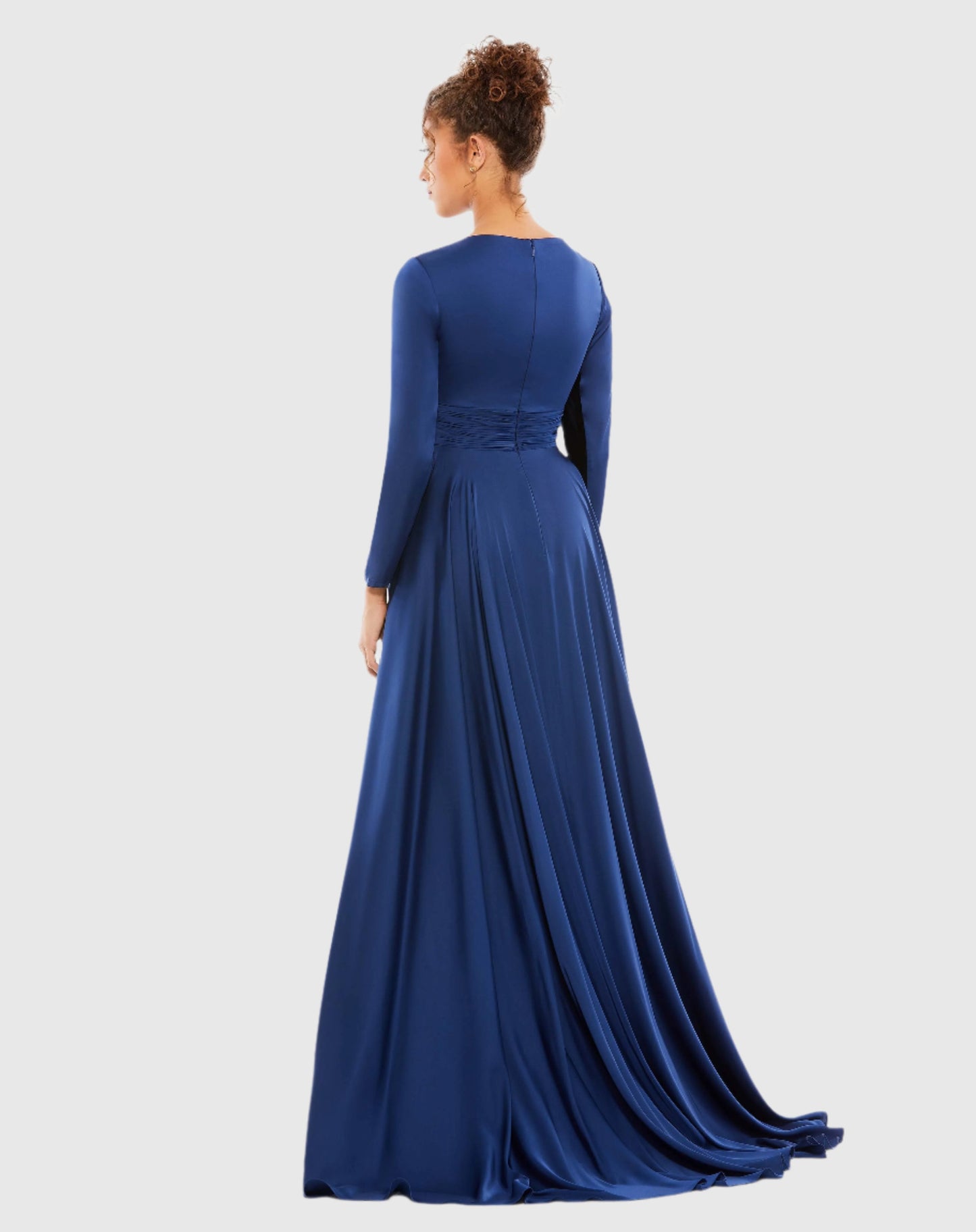 Navy Long Sleeve Ruched Waist A-Line Gown - Ieena for Mac Duggal