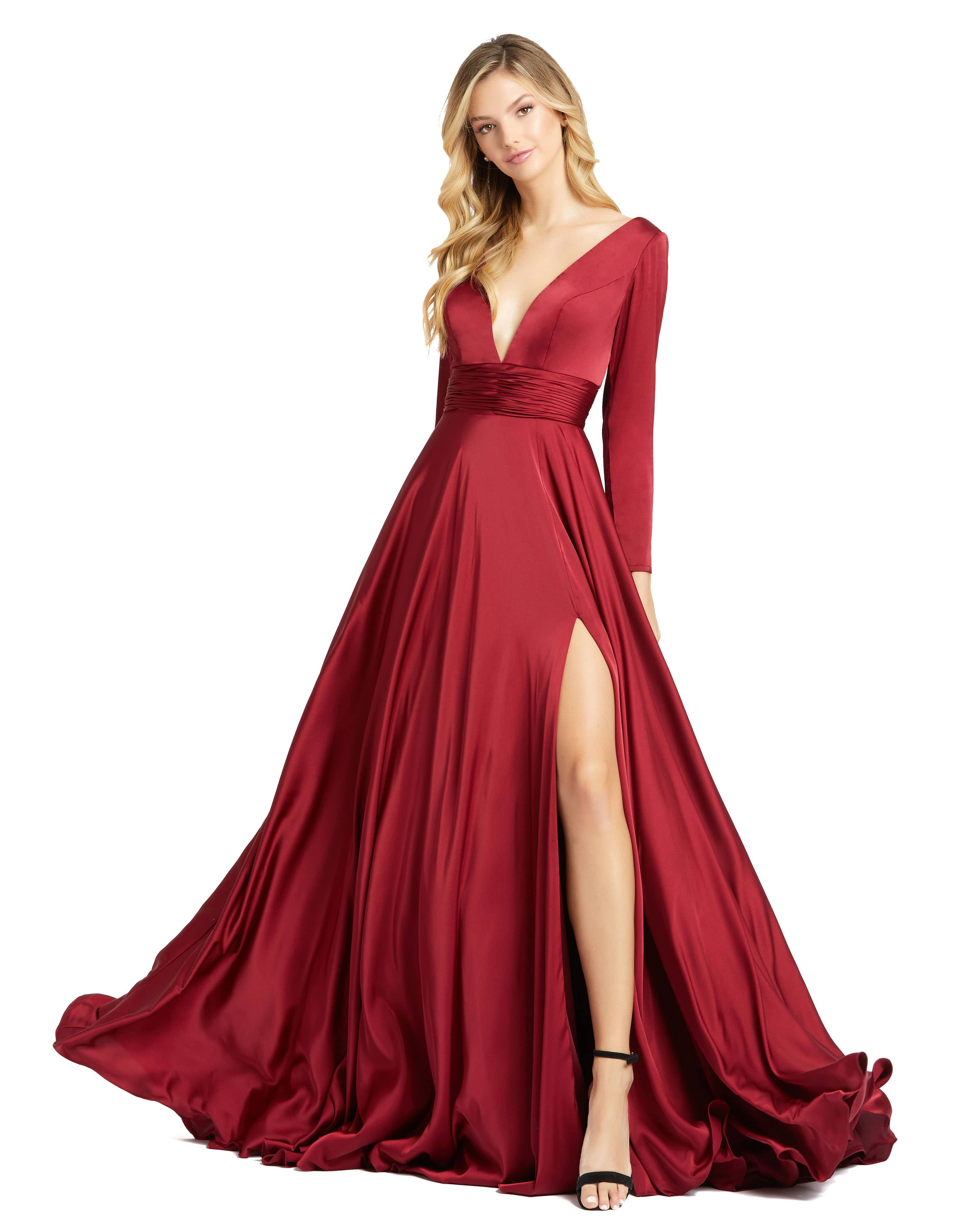 Long Sleeve Ruched Waist A-Line Gown