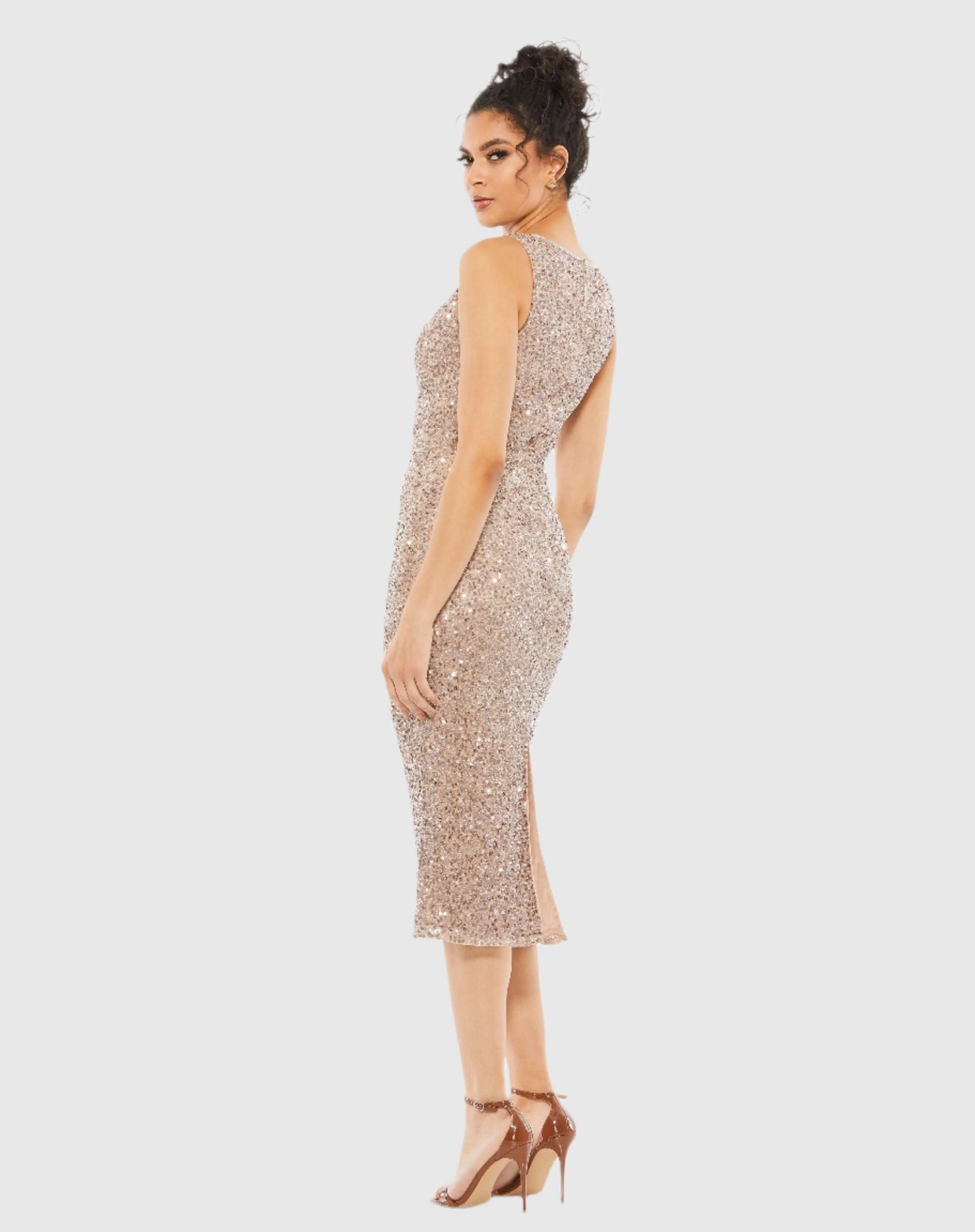 Beige Sleeveless Sequined Midi Sheath Dress - Mac Duggal