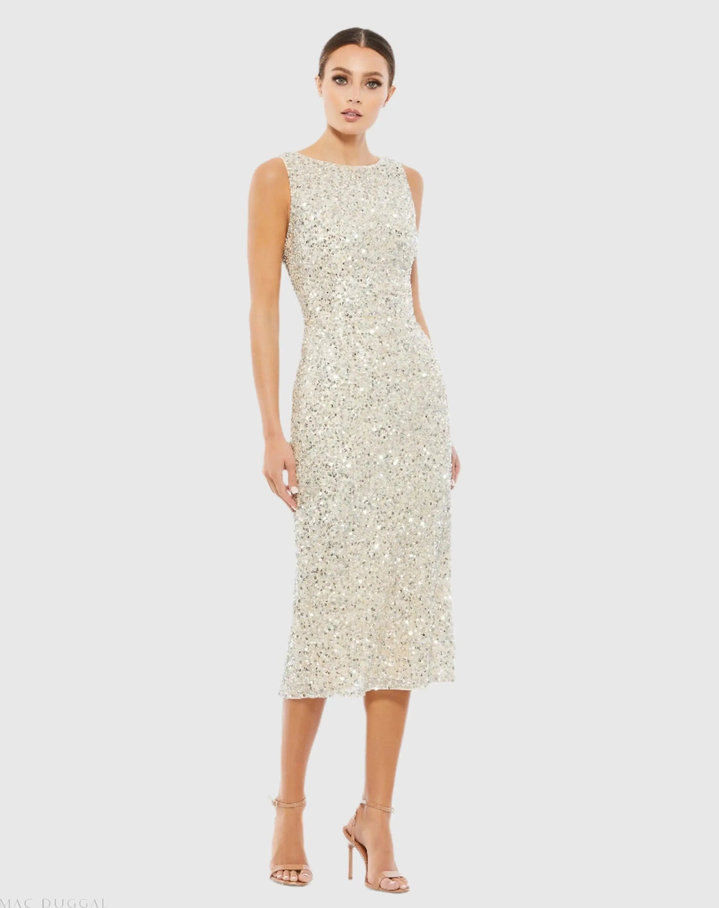 Silver Sleeveless Sequined Midi Sheath Dress - Mac Duggal