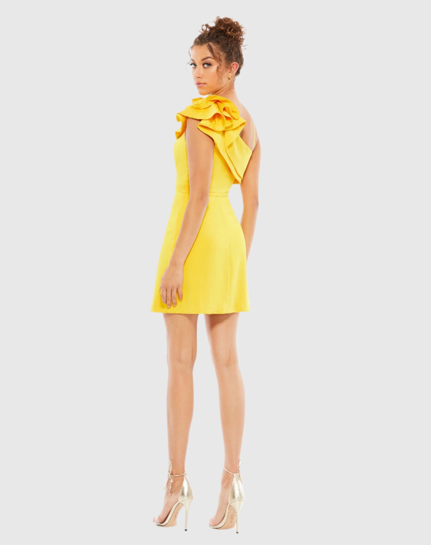 Yellow One Shoulder Ruffle Mini Dress Ieena for Mac Duggal