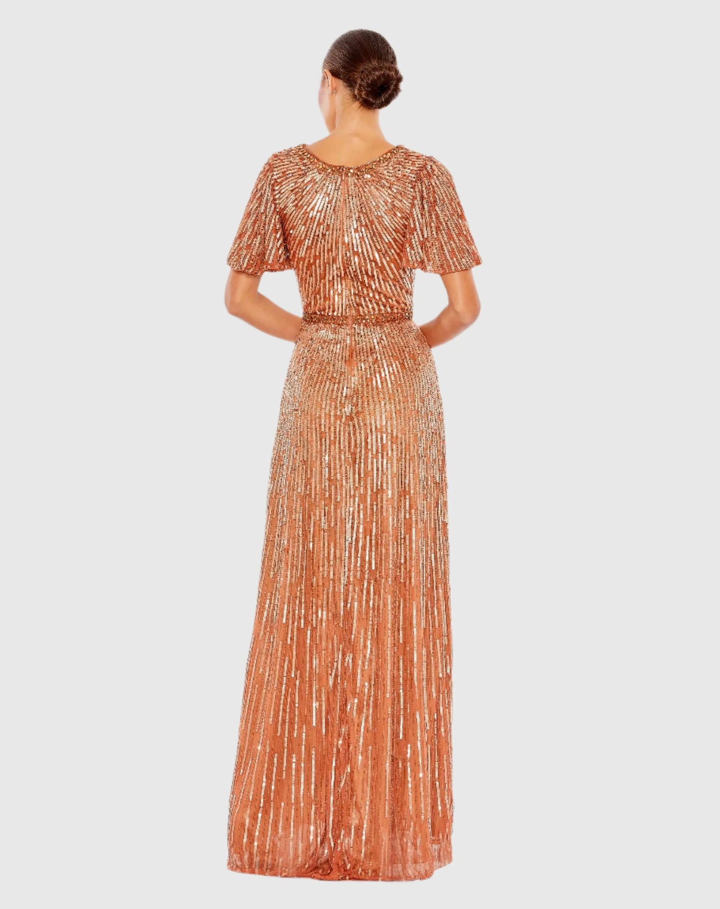 Orange Embellished V Neck Butterfly Sleeve Column Gown - Mac Duggal