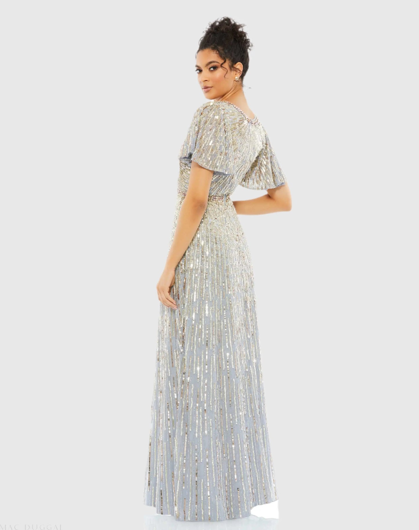 Silver Embellished V Neck Butterfly Sleeve Column Gown - Mac Duggal