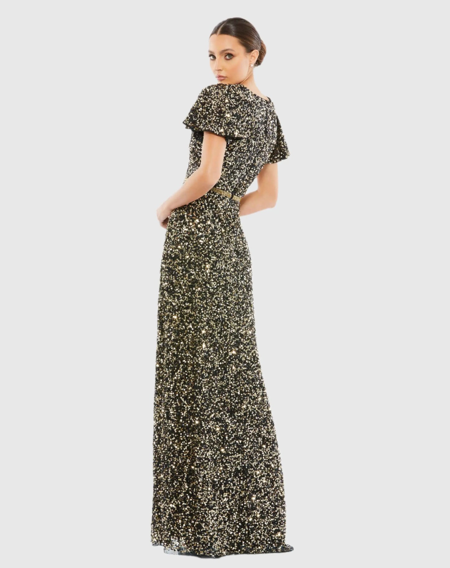 Black and Gold Sequined Wrap Over Butterfly Sleeve Draped Gown - Mac Duggal