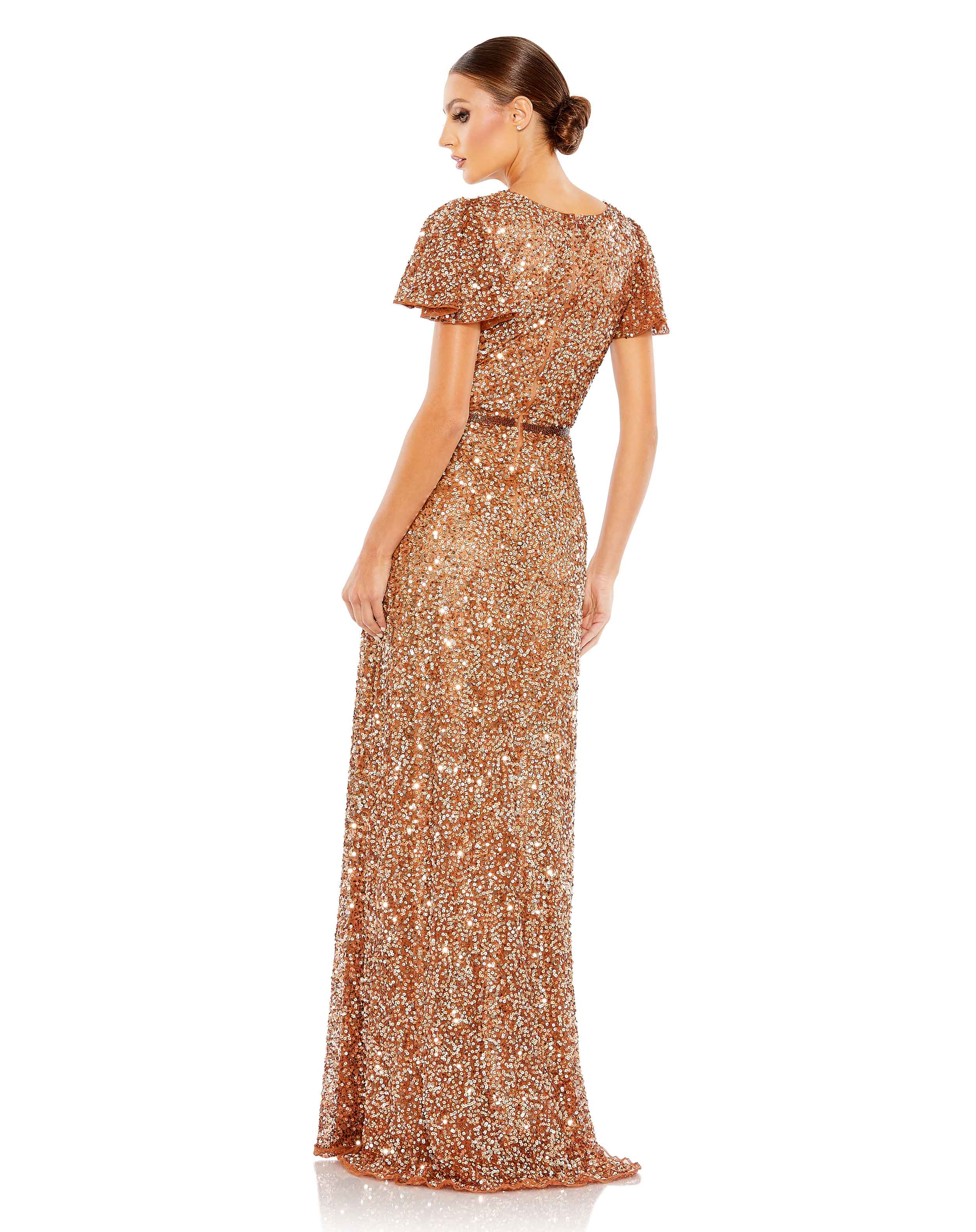 Sequined Wrap Over Butterfly Sleeve Draped Gown