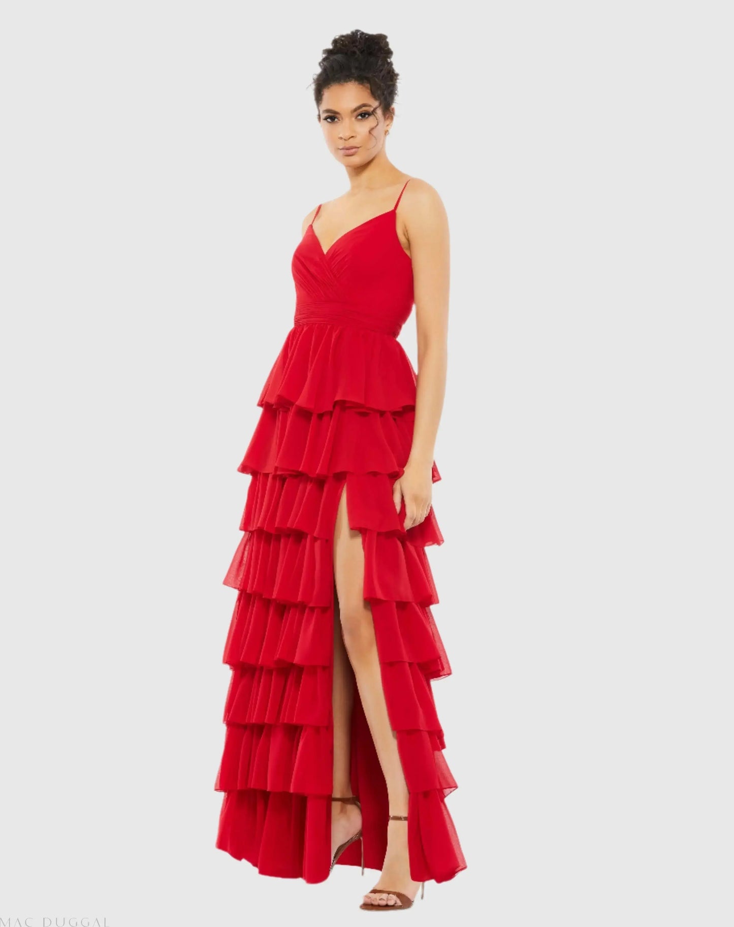 Red V-Neck Sleeveless Gown with Ruffled Skirt - Ieena for Mac Duggal
