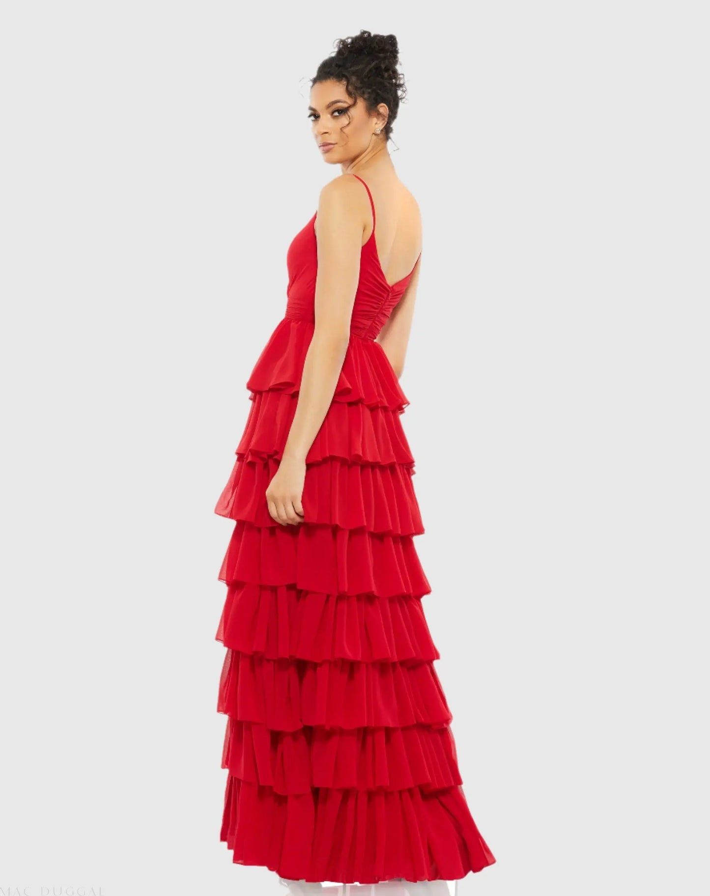 Red V-Neck Sleeveless Gown with Ruffled Skirt - Ieena for Mac Duggal