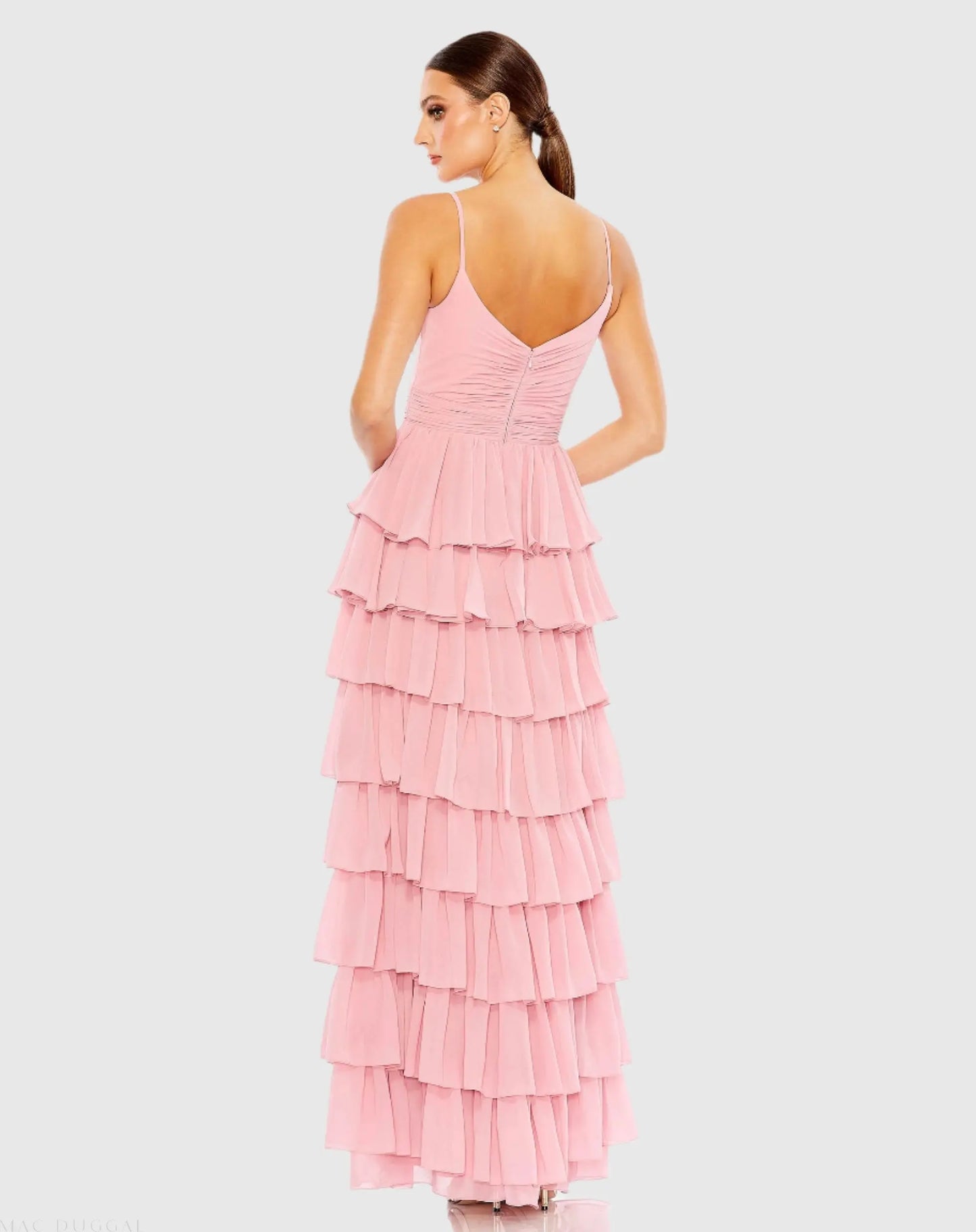 Pink V-Neck Sleeveless Gown with Ruffled Skirt - Ieena for Mac Duggal