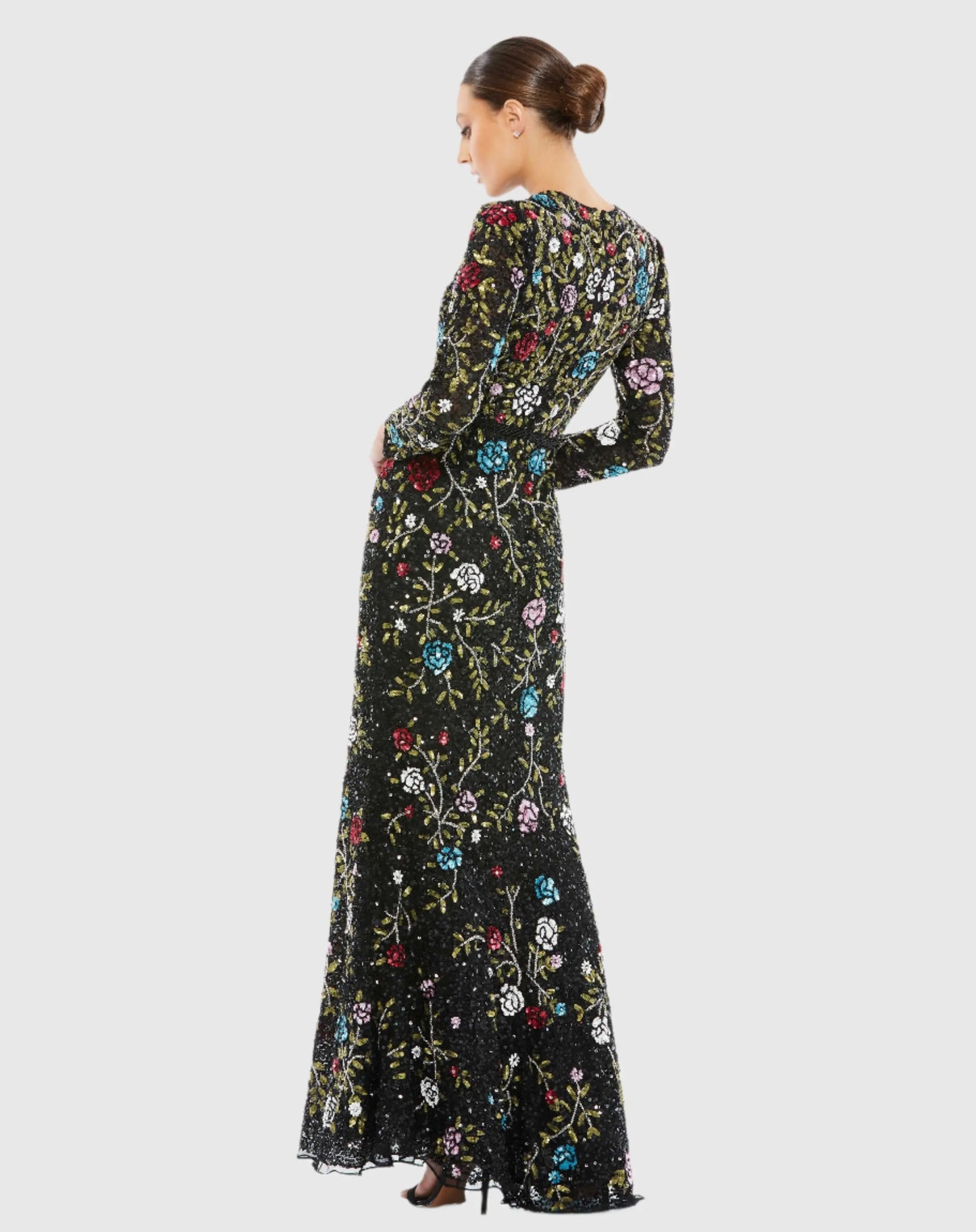 Black Floral Embellished Long Sleeve Gown - Mac Duggal