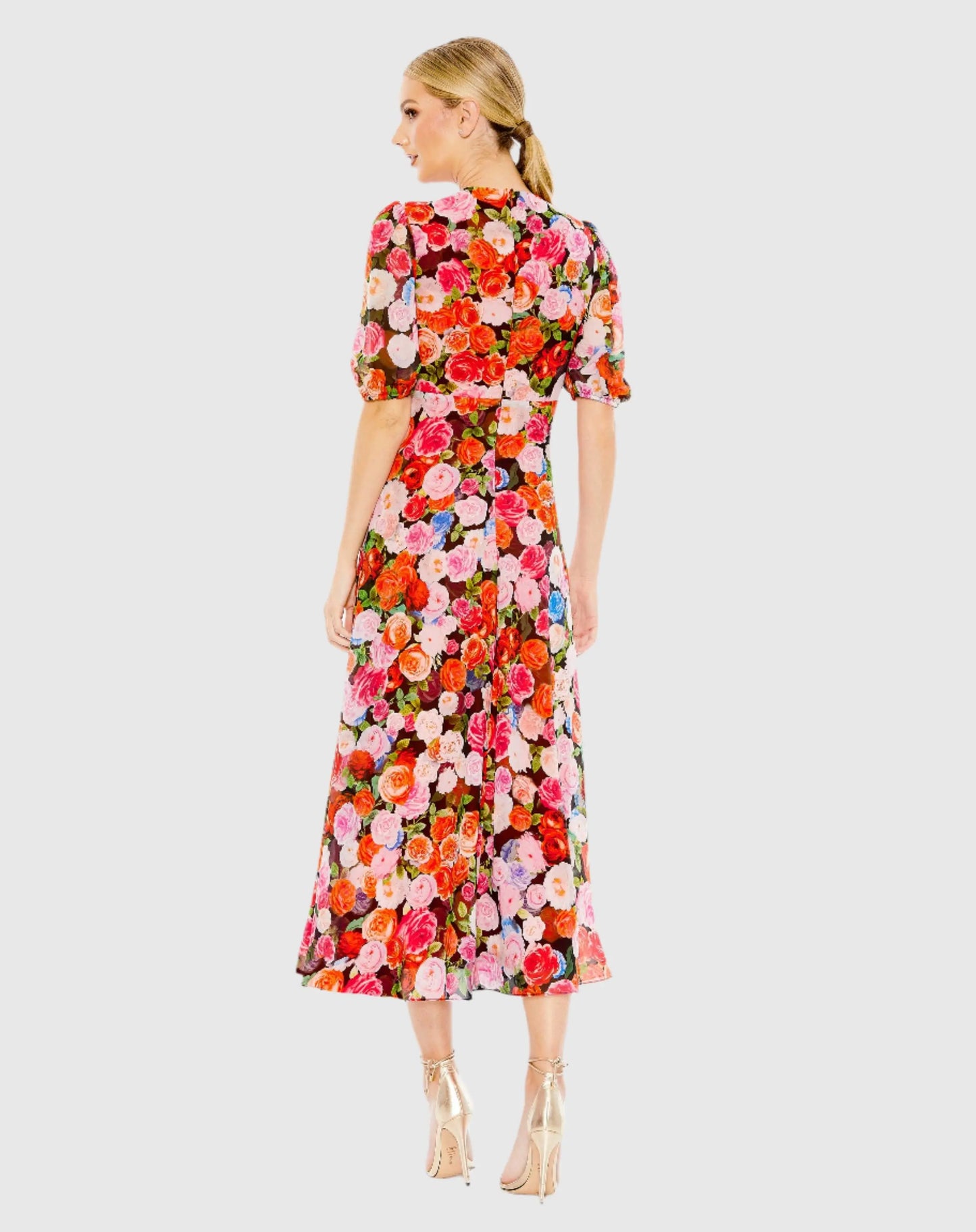 Floral Print Front Tie Puff Sleeve Flowy Midi Dress - Mac Duggal