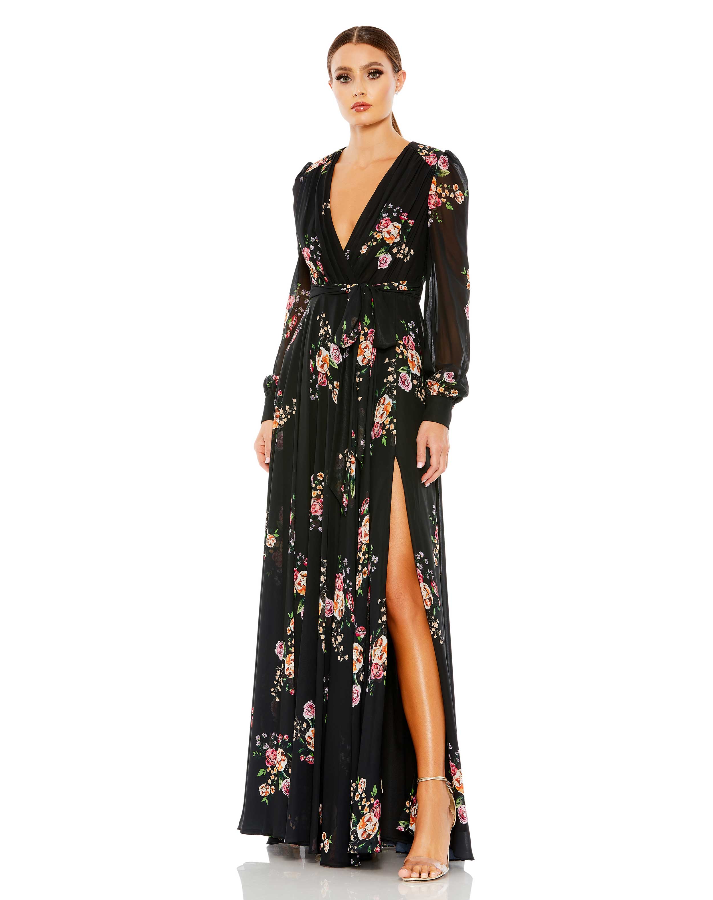 Belted Floral Print Illusion Long Sleeve Gown