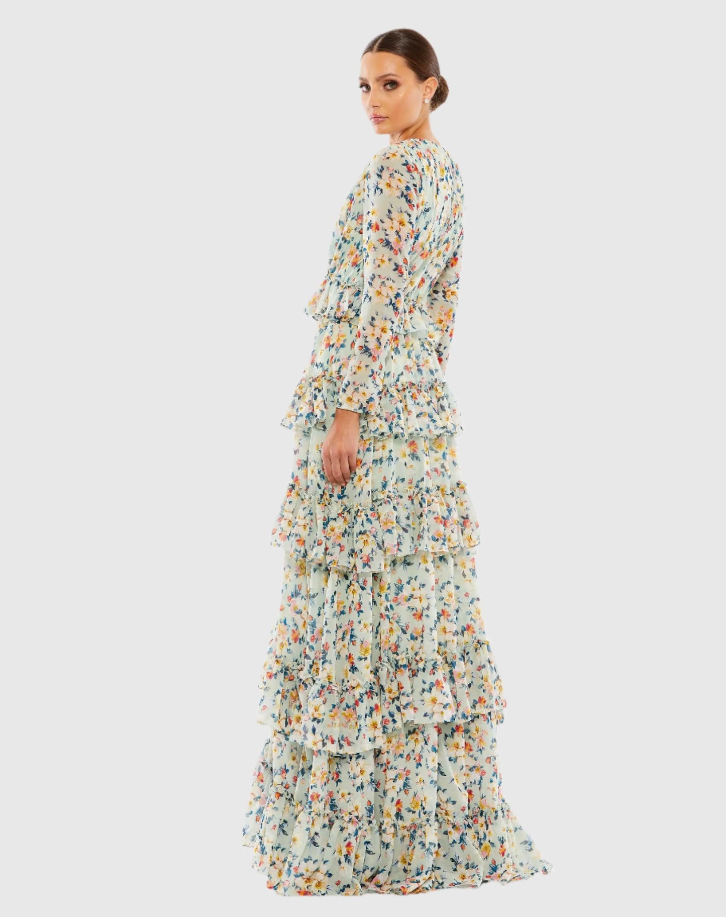 Green Floral Printed Tiered Ruffle Long Sleeve Gown - Mac Duggal