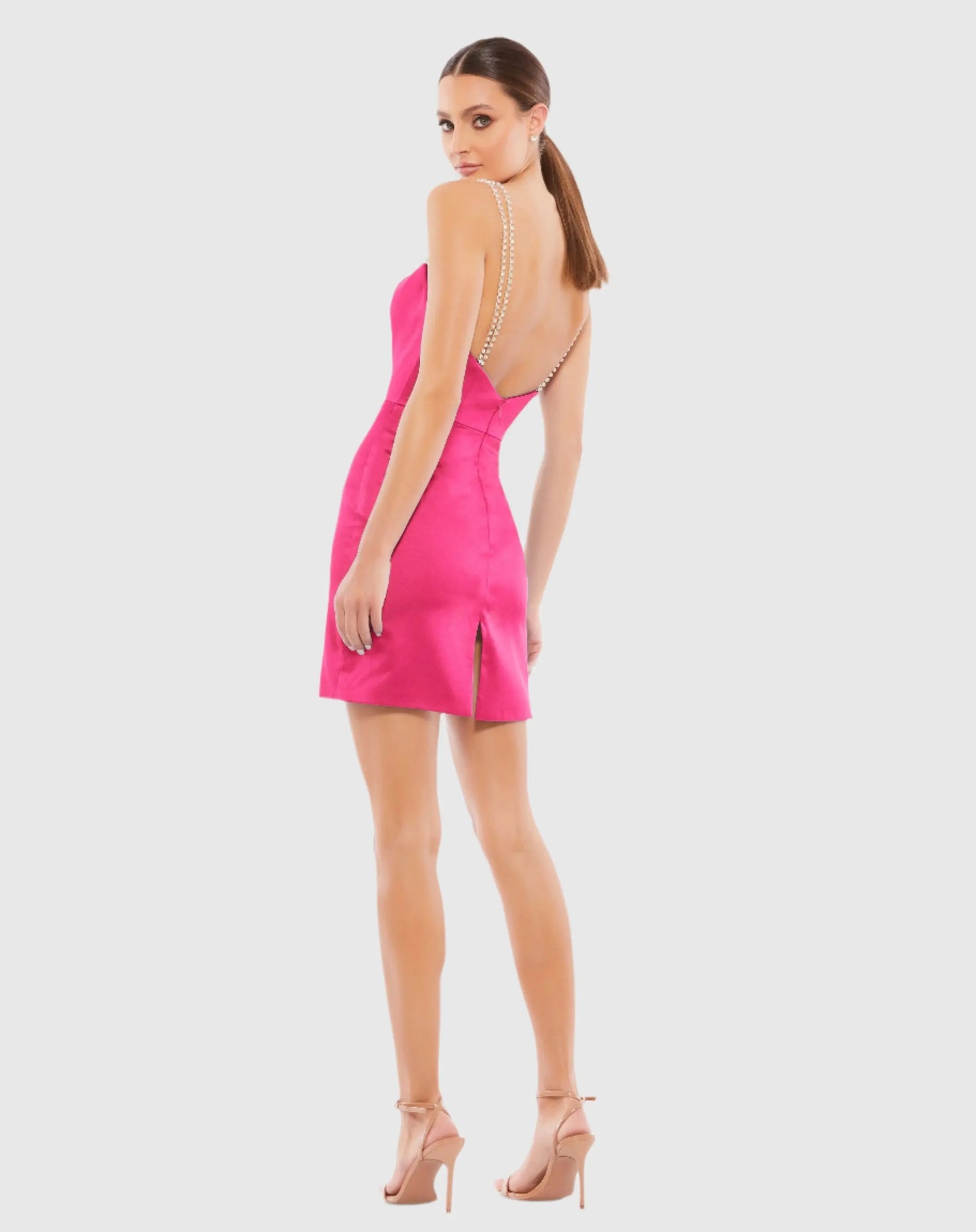 Pink Rhinestone Strap Satin Mini Dress - Mac Duggal