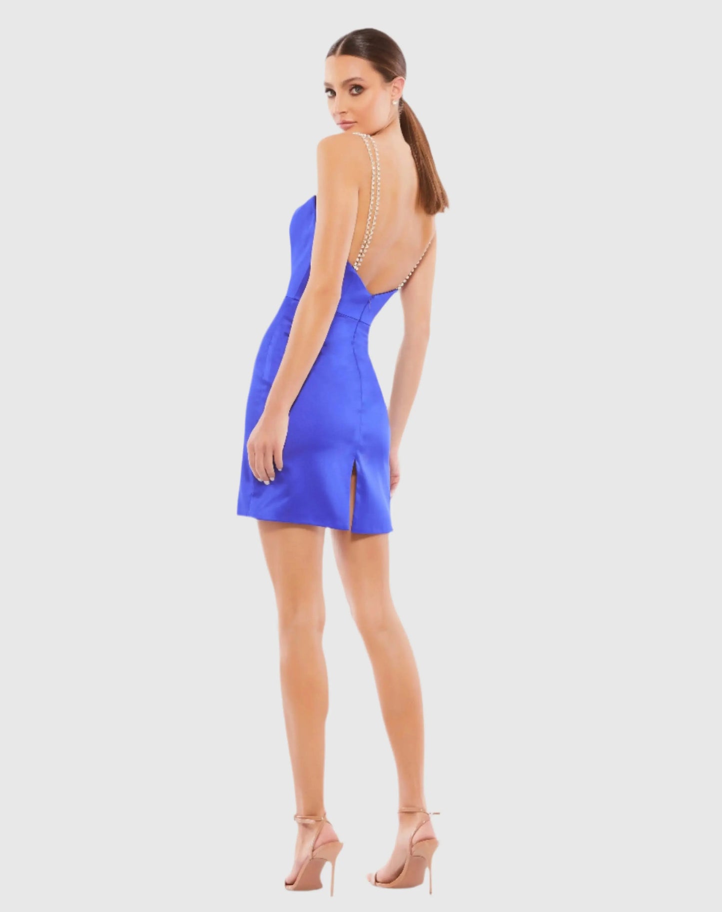 Blue Rhinestone Strap Satin Mini Dress - Mac Duggal