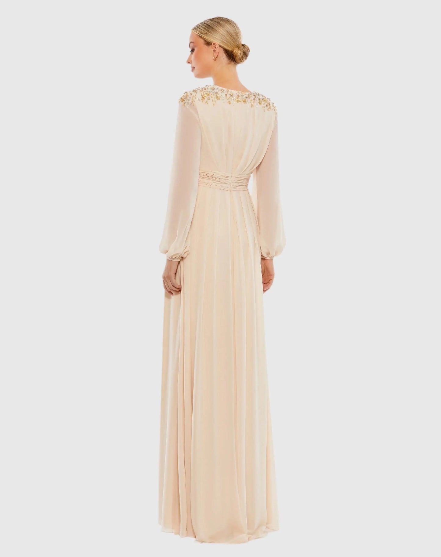 Beige Embellished Shoulder Blouson Sleeve Evening Gown - Mac Duggal