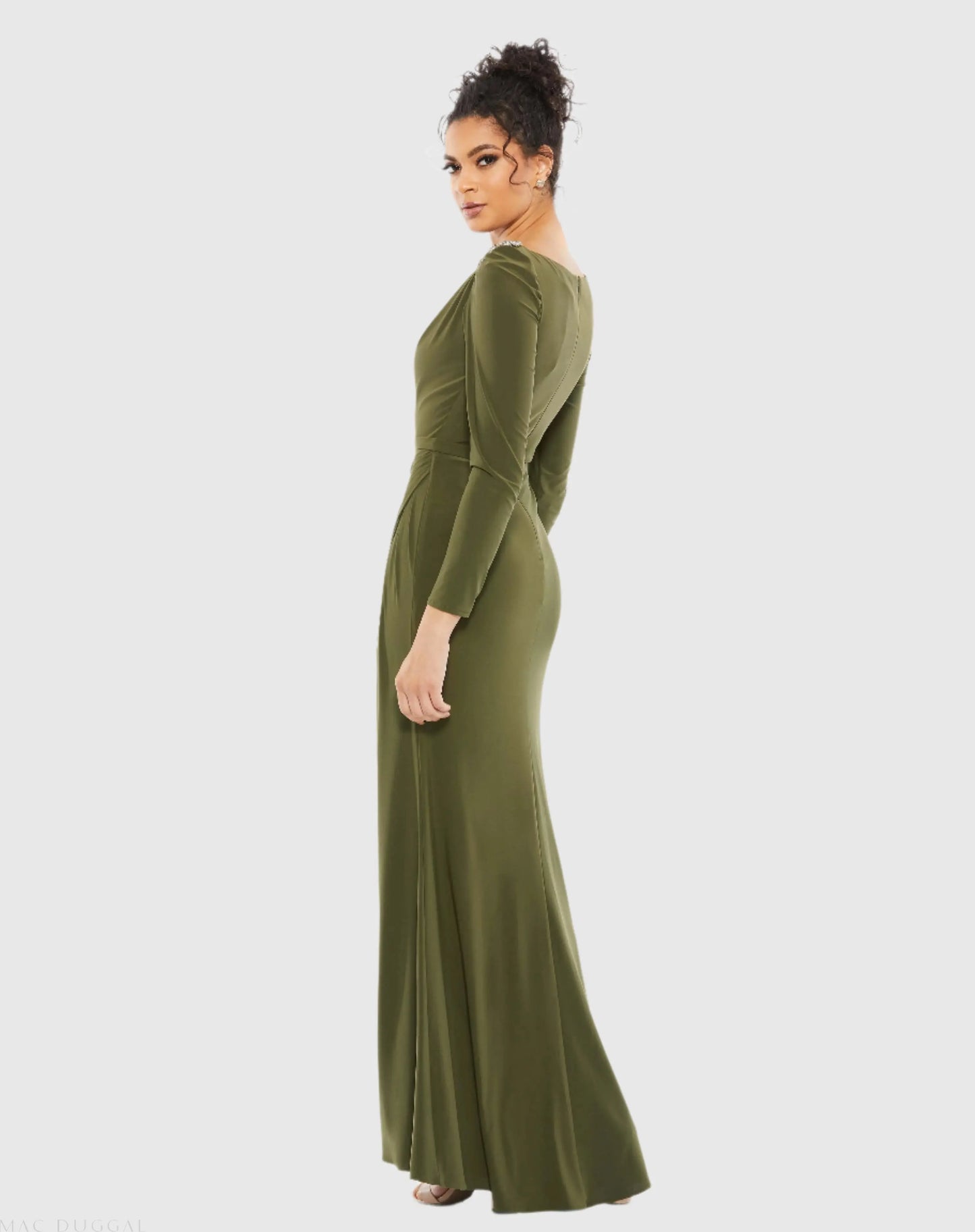 Green Draped Bateau Long Sleeve Trumpet Gown - Mac Duggal