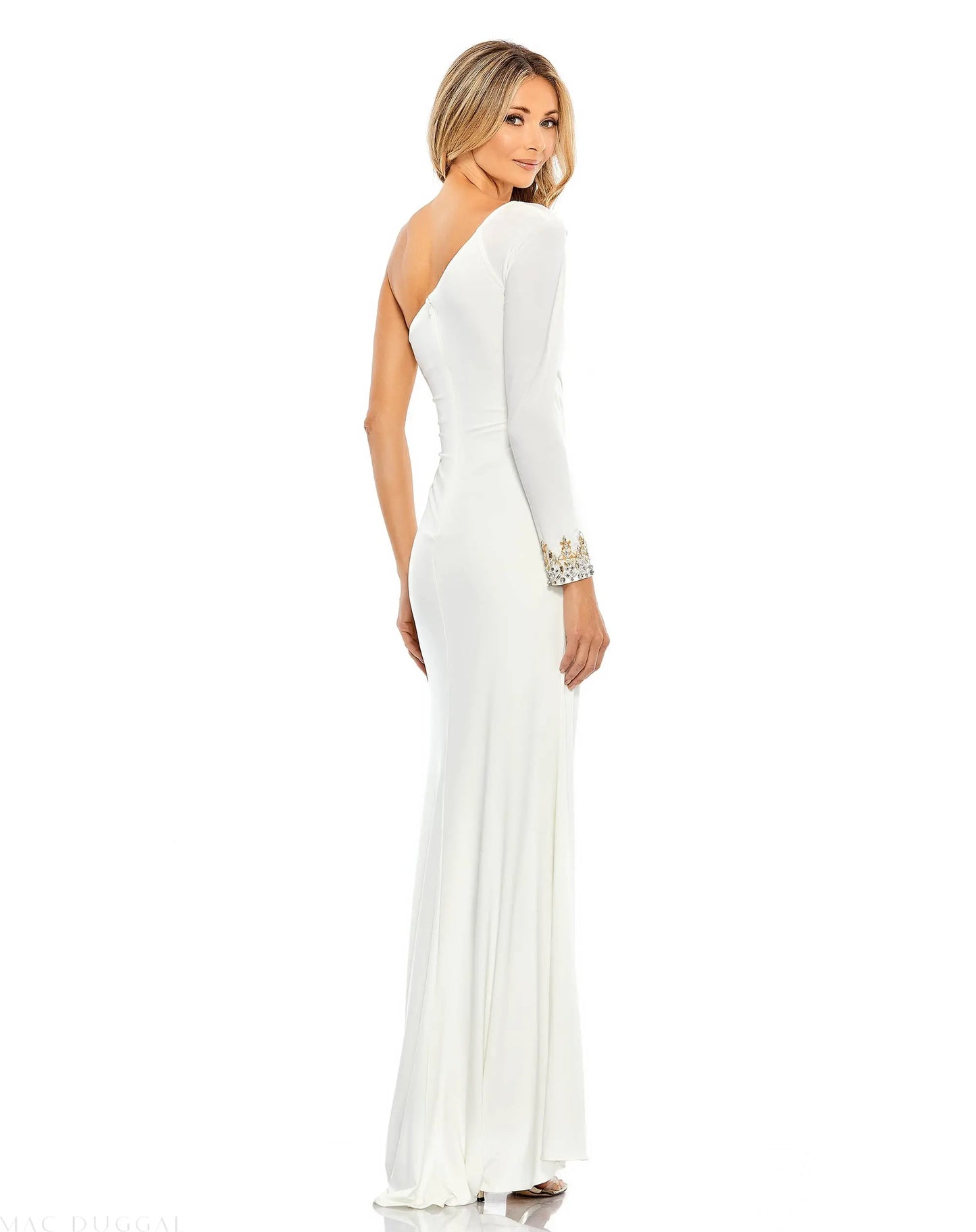 White One Sleeve Beaded Cuff Side Twist Gown - Mac Duggal