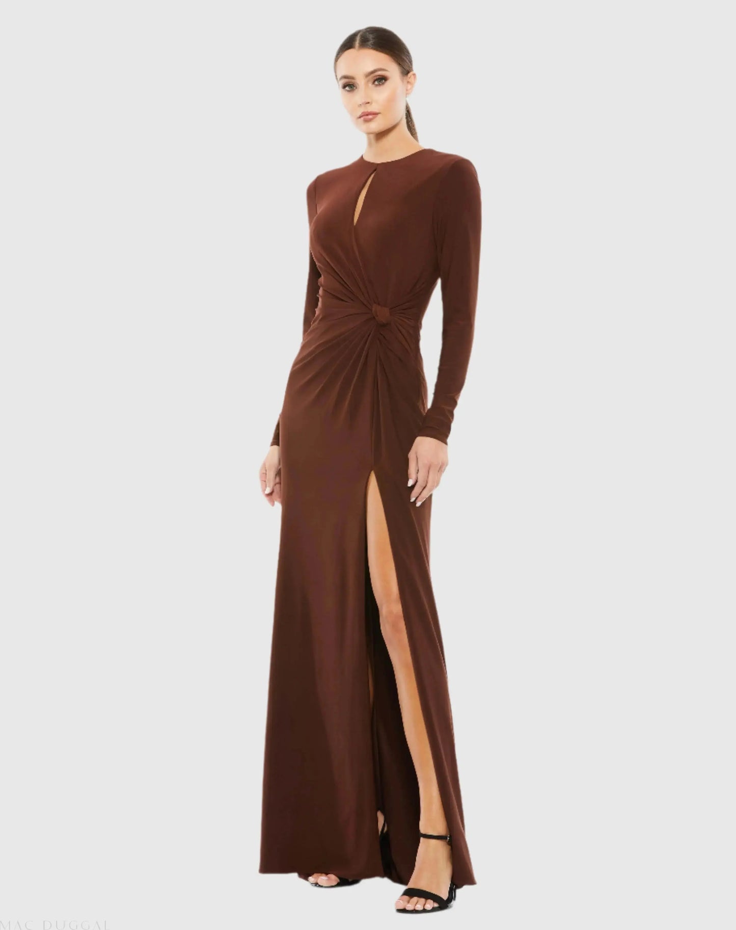 Brown Long Sleeve Keyhole Draped Gown - Ieena for Mac Duggal
