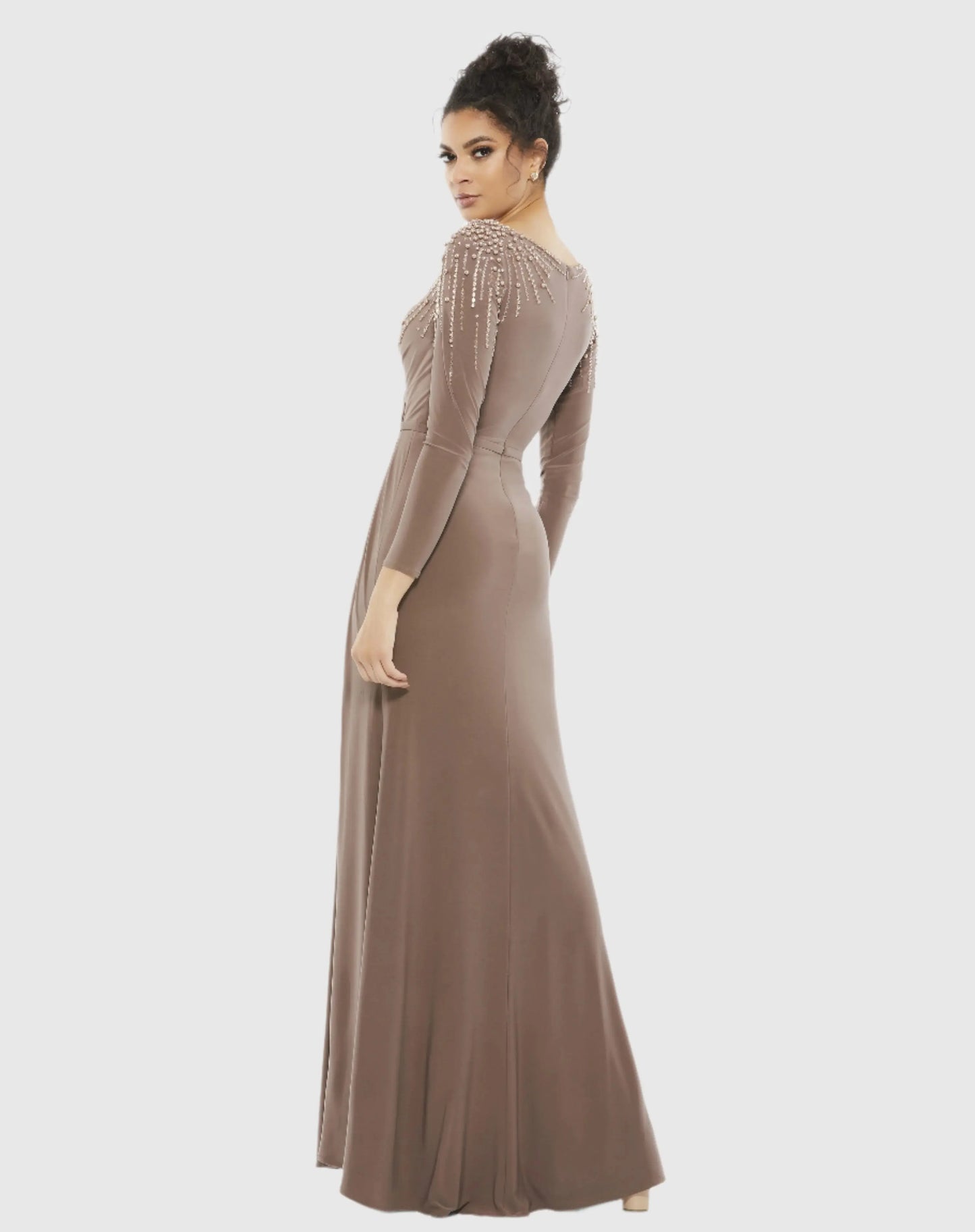 Brown Faux Wrap Jersey Gown w/ Embellished Accents - Mac Duggal