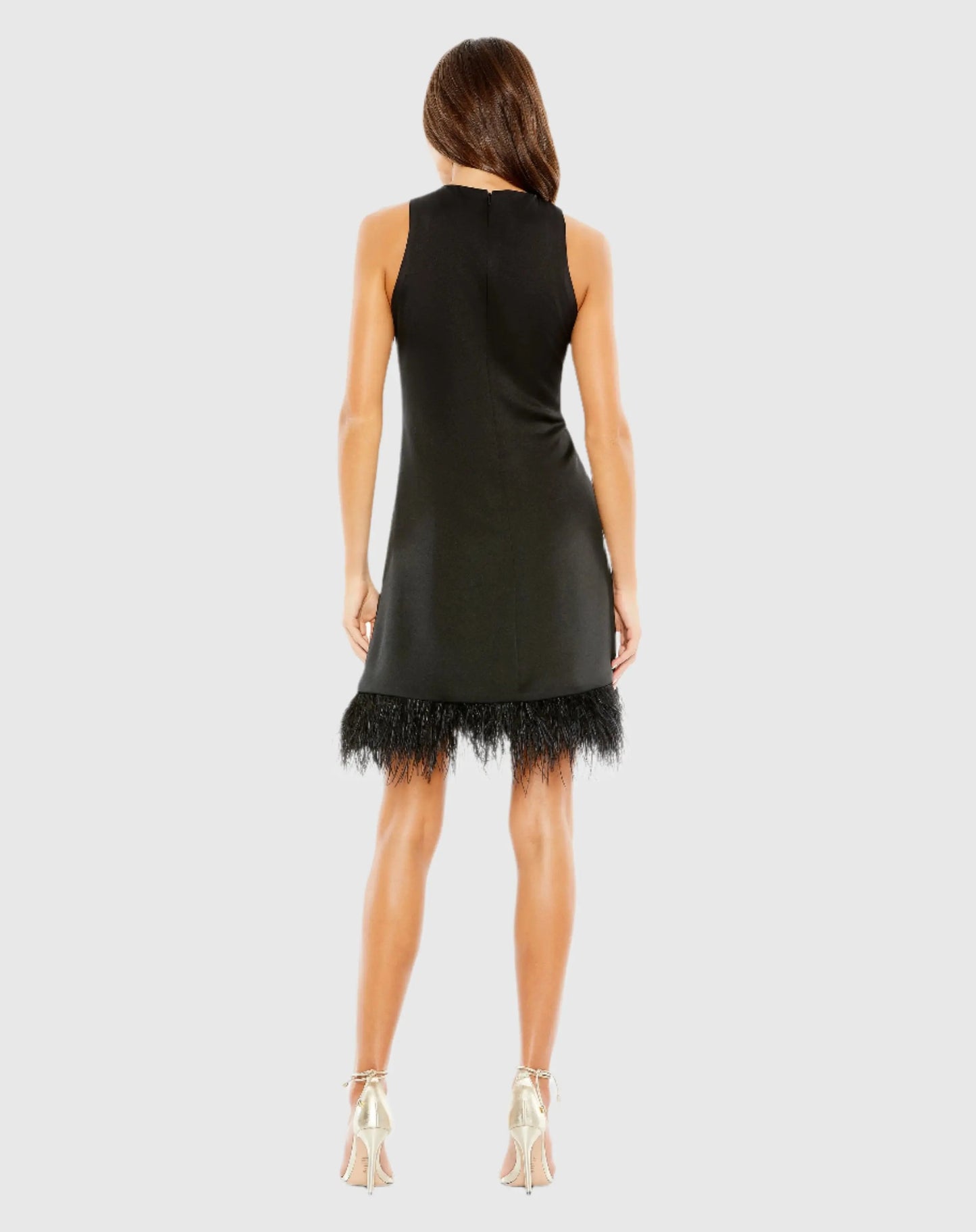 Black Feathered Hem High Neck Sleeveless Trapeze Dress - Ieena for Mac Duggal