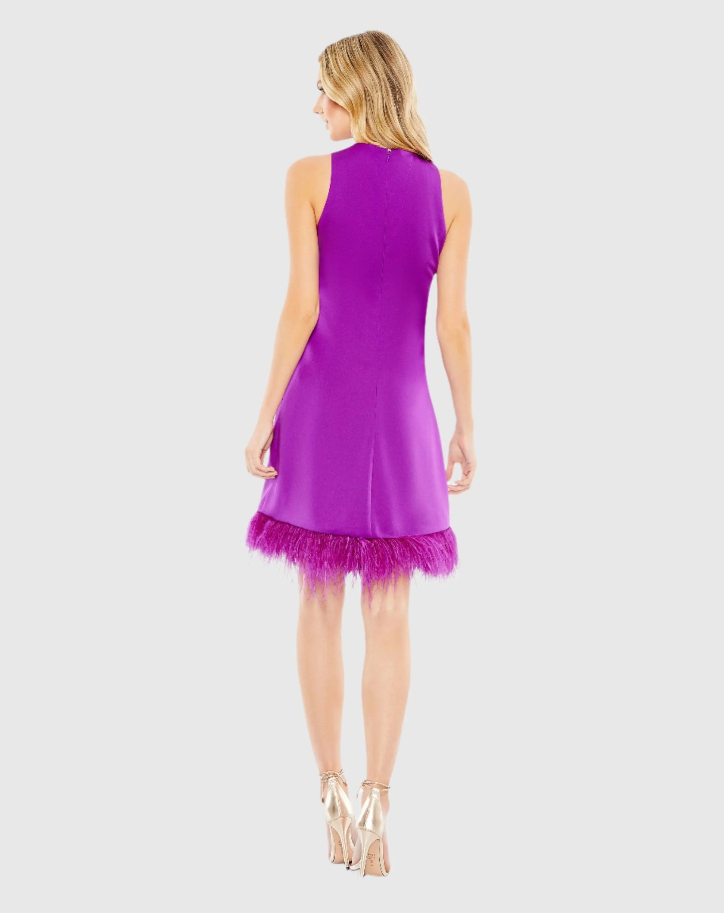 Purple Feathered Hem High Neck Sleeveless Trapeze Dress - Ieena for Mac Duggal