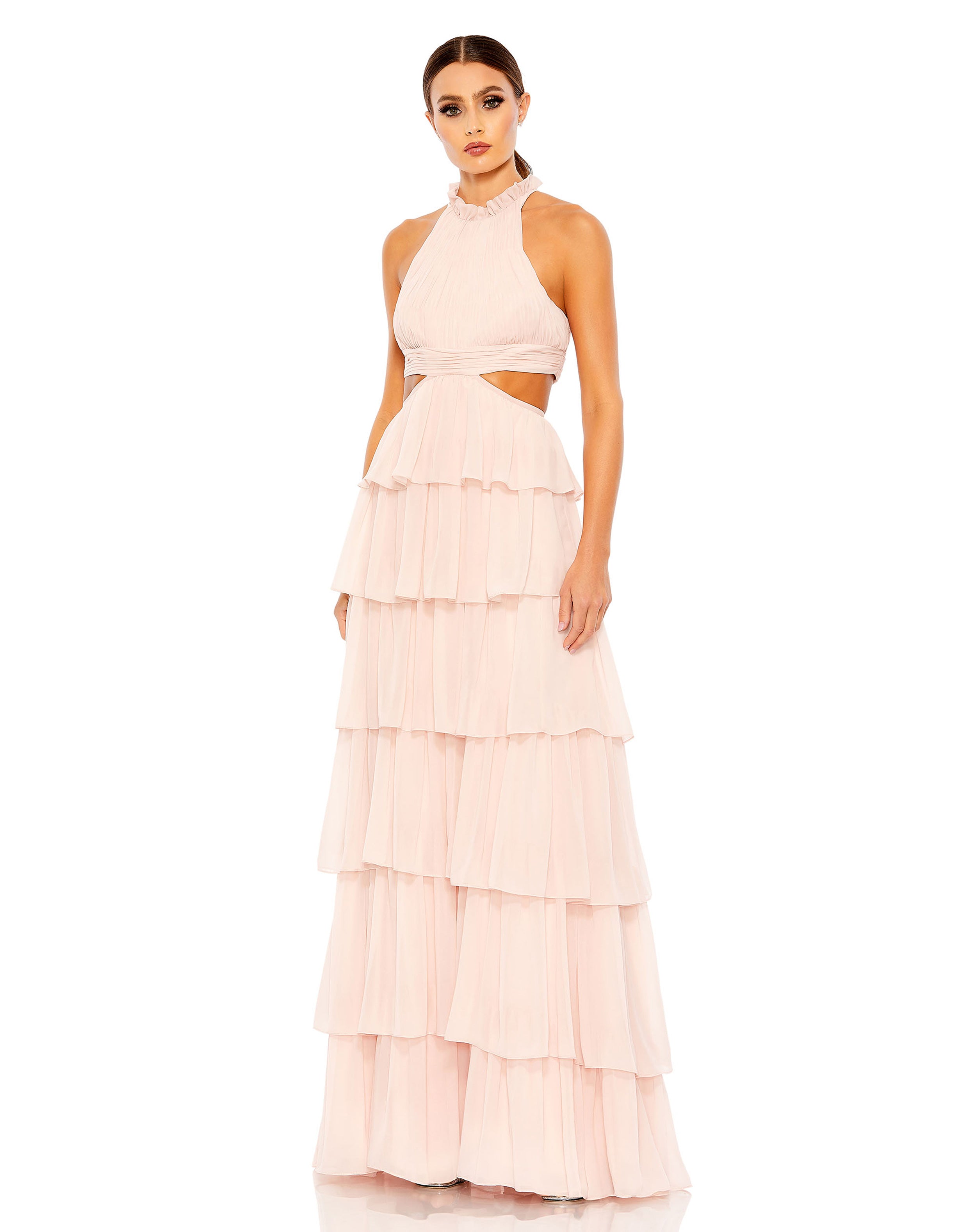 Tiered Ruffle Pleated High Neck Gown
