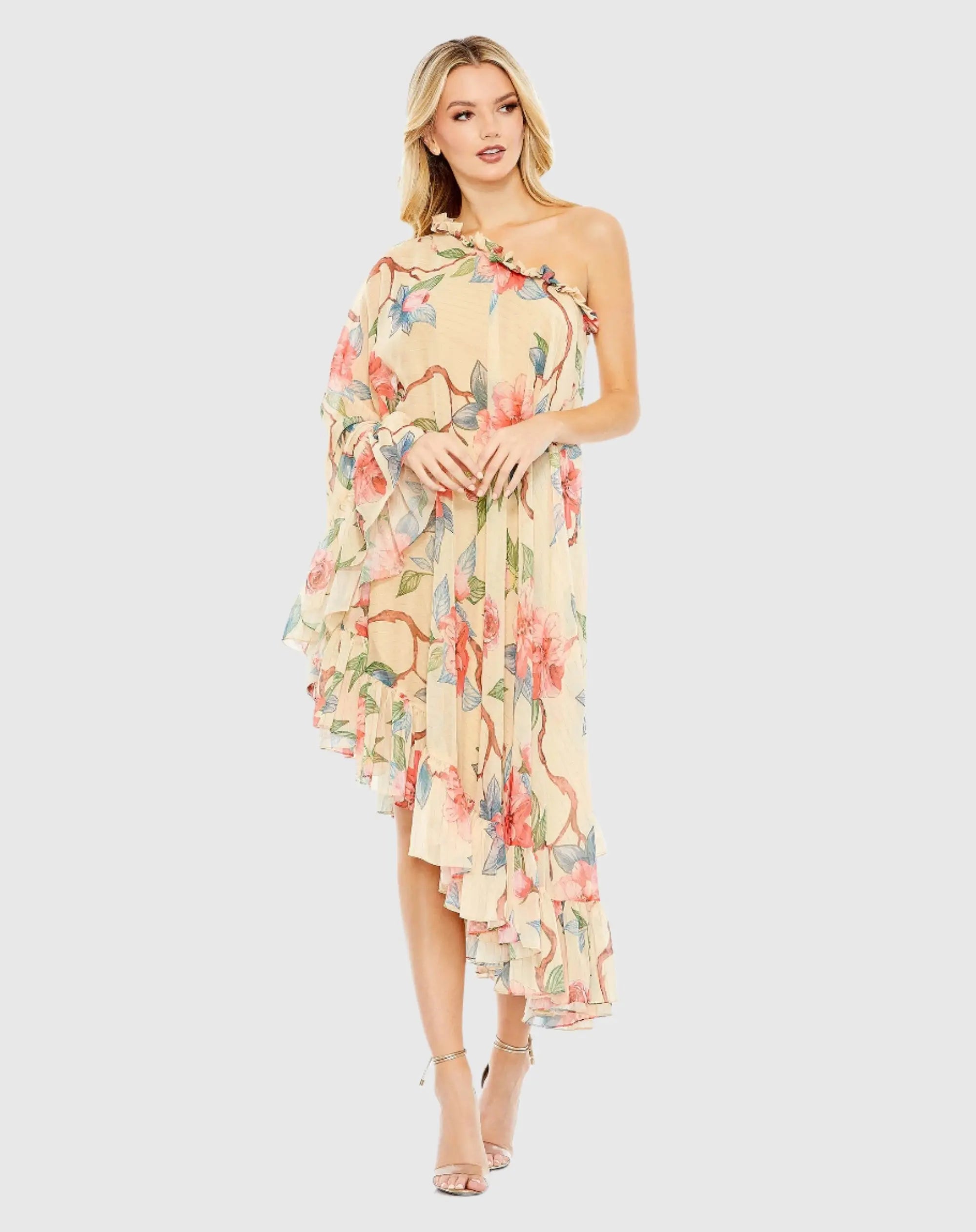 Beige Floral Print One Shoulder Cape Dress Beige Floral Print One Shoulder Cape Dress