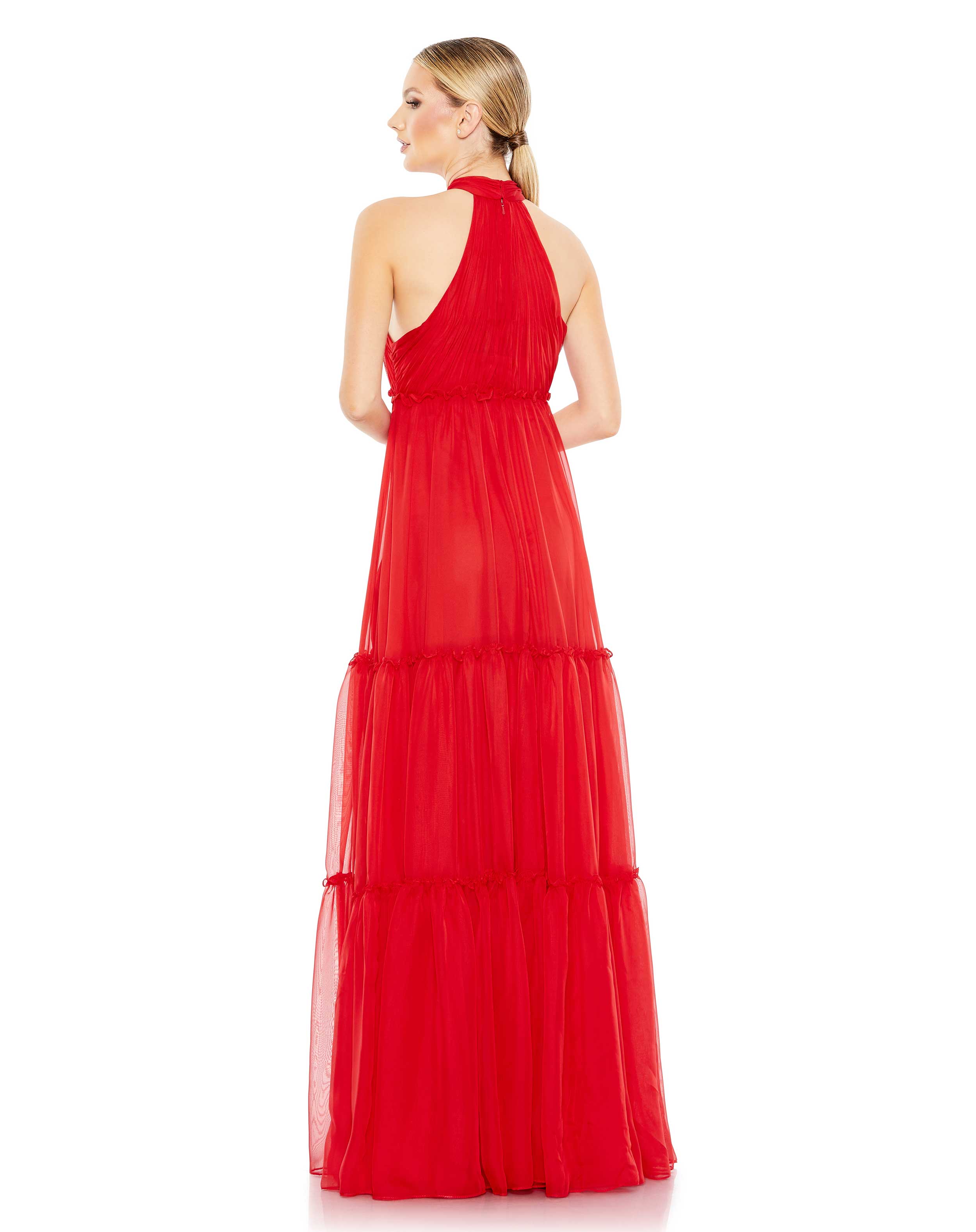 Ruched Tiered High Neck Bow A Line Gown