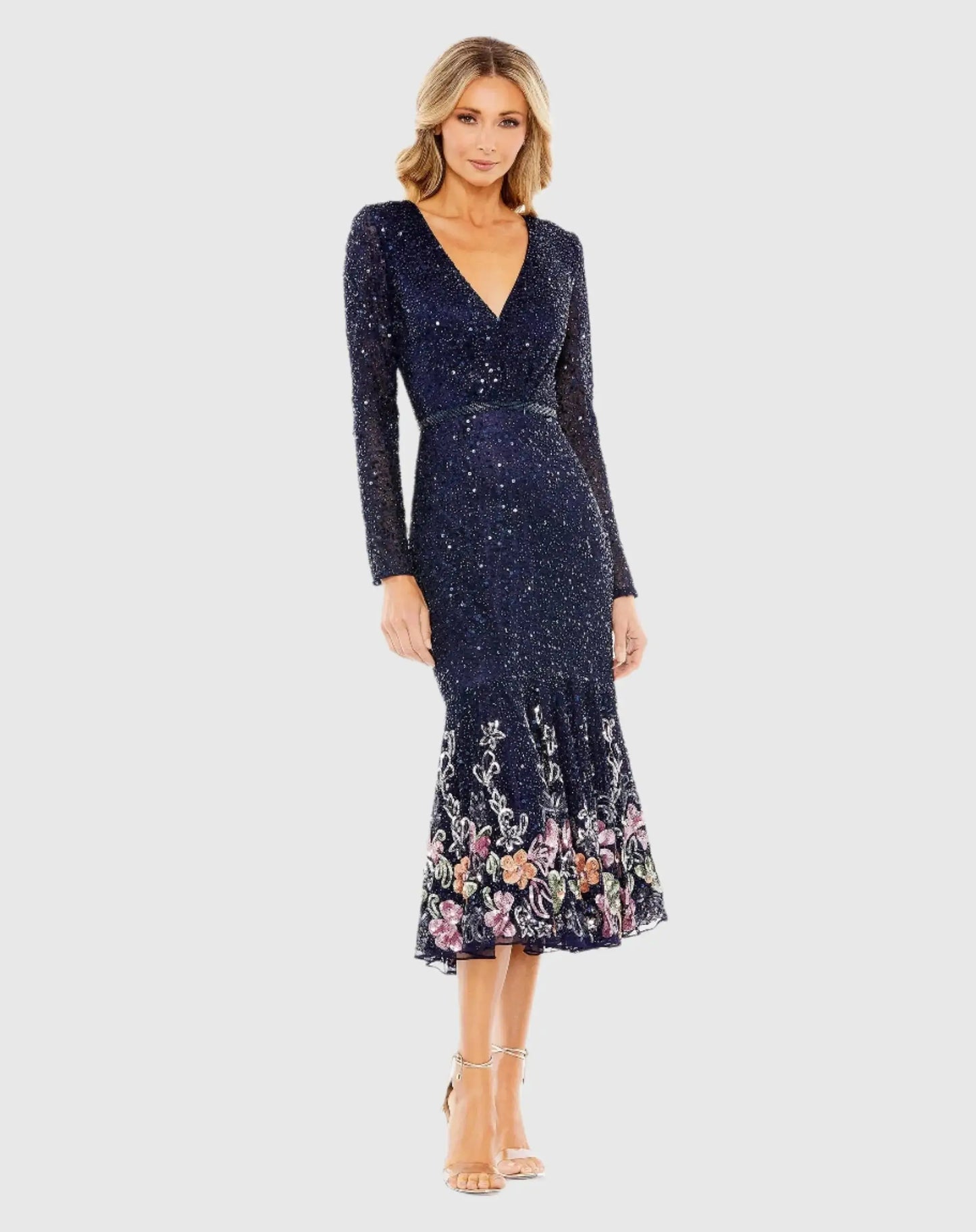 Navy Long Sleeve Faux Wrap Embellished Tea Length Dress - Mac Duggal