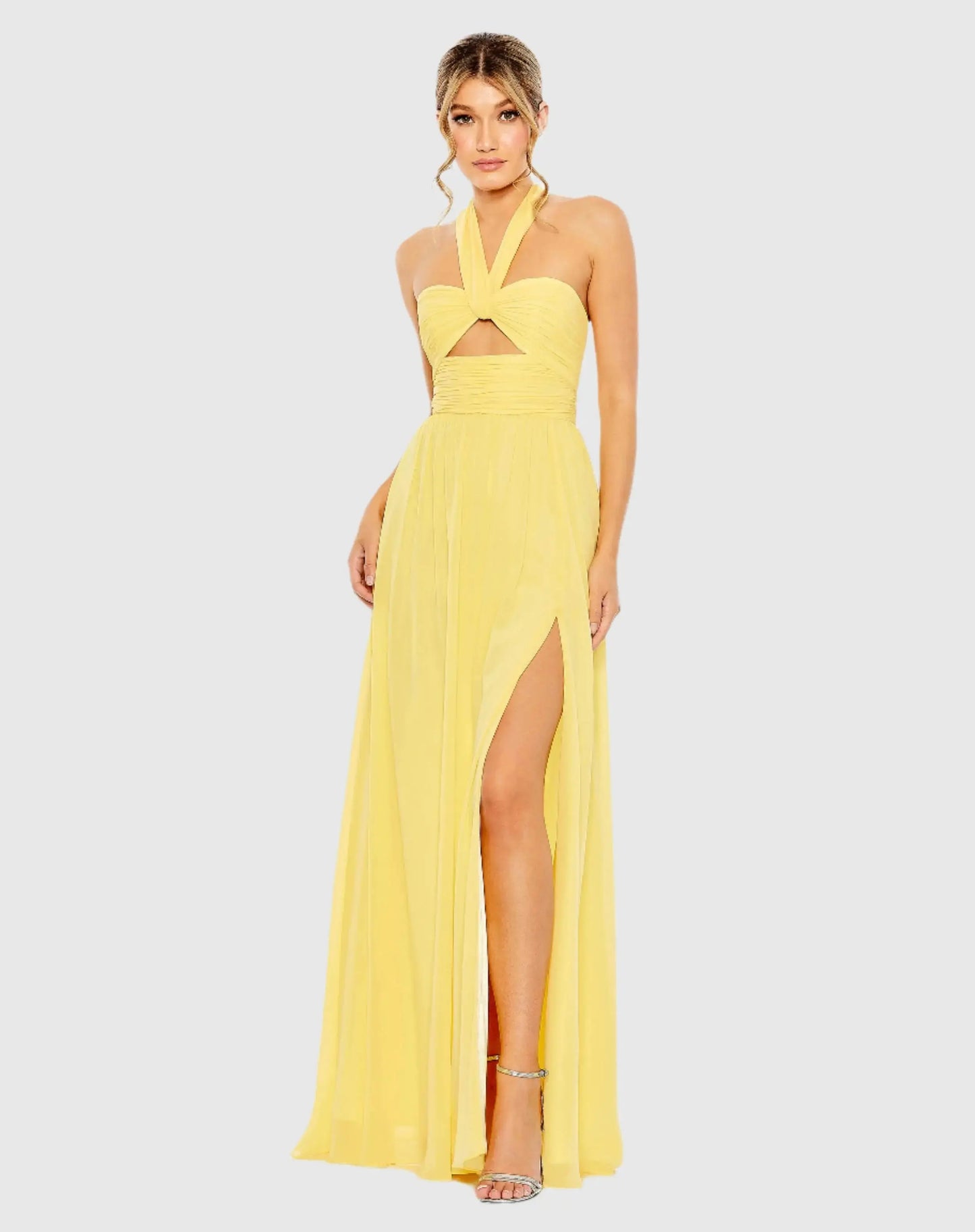 Yellow Ruched Halter Strap Keyhole Chiffon Gown - Ieena for Mac Duggal