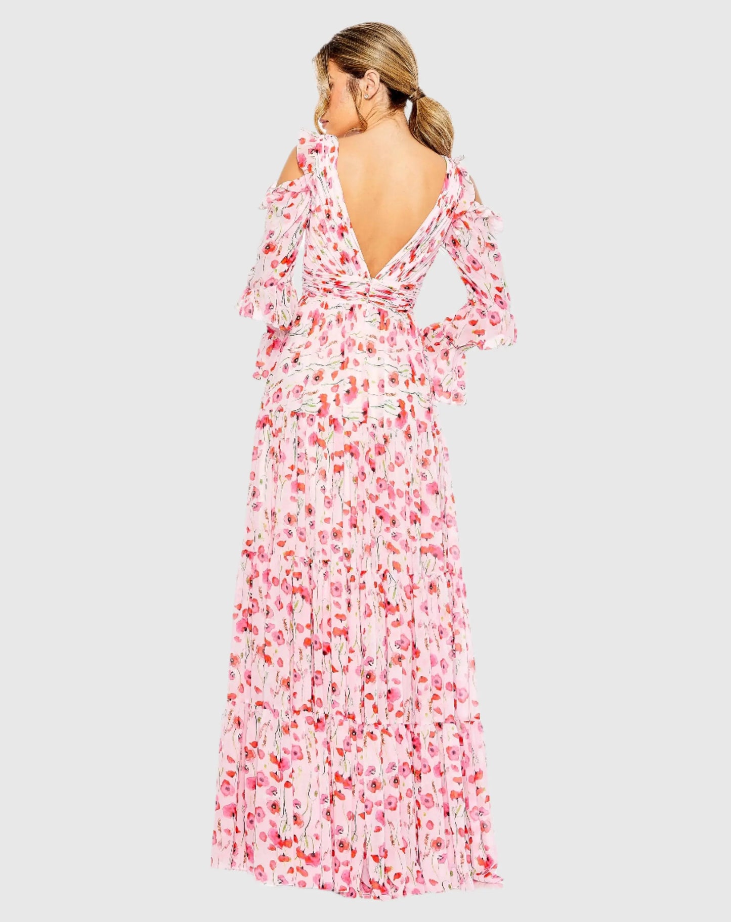 Pink Ruffle Sleeve Floral Print Gown - Ieena for Mac Duggal