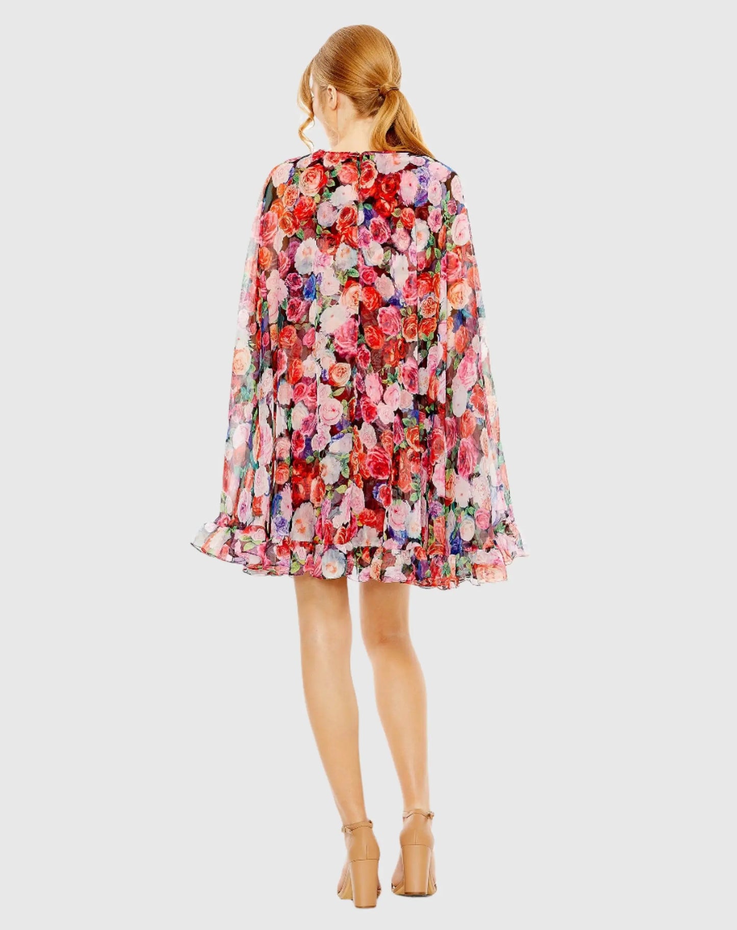 Multicolor Floral Printed Chiffon Cape Mini Dress - Mac Duggal