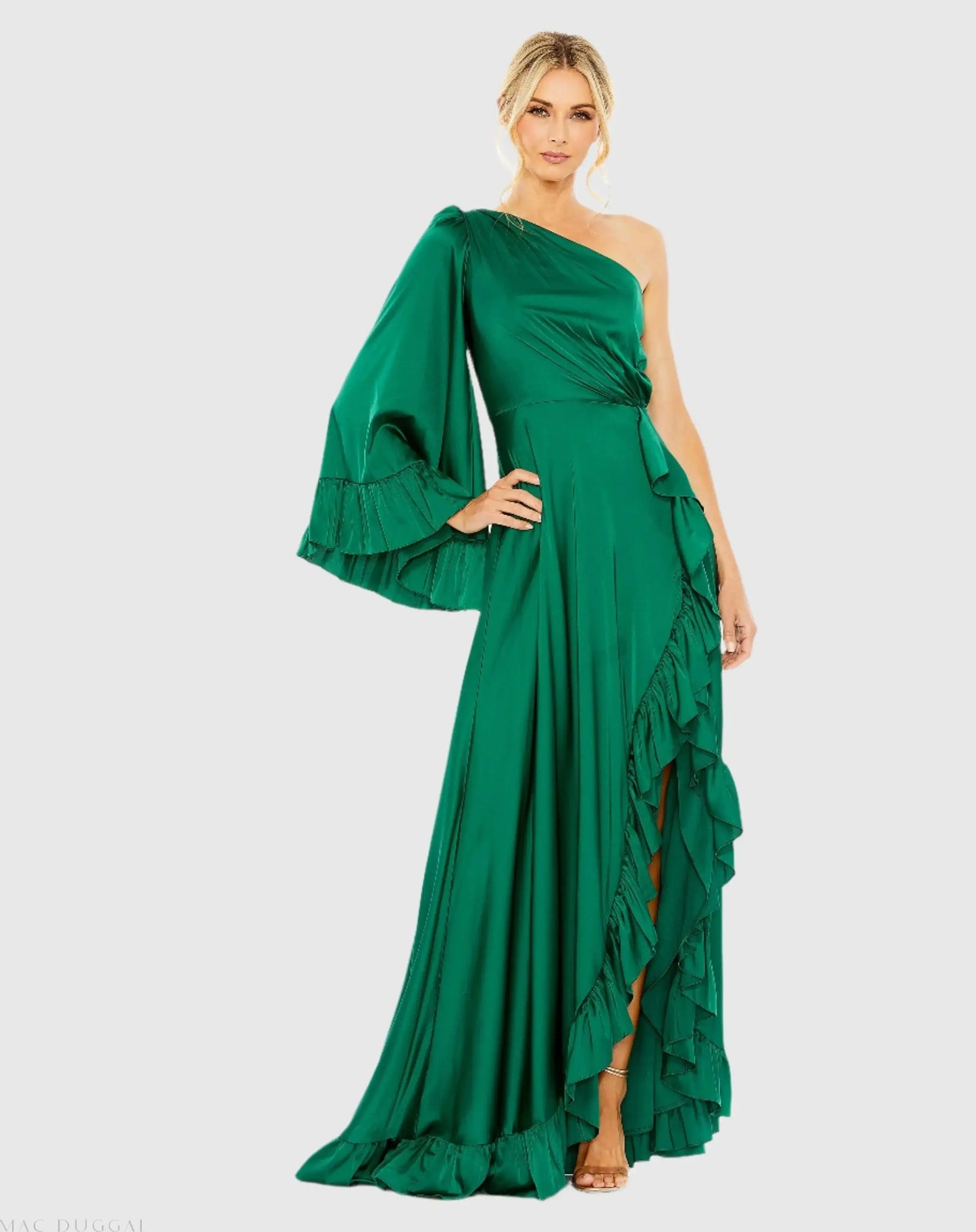 Green Long One Sleeve Asymmetrical Ruffle Hem Gown - Ieena for Mac Duggal