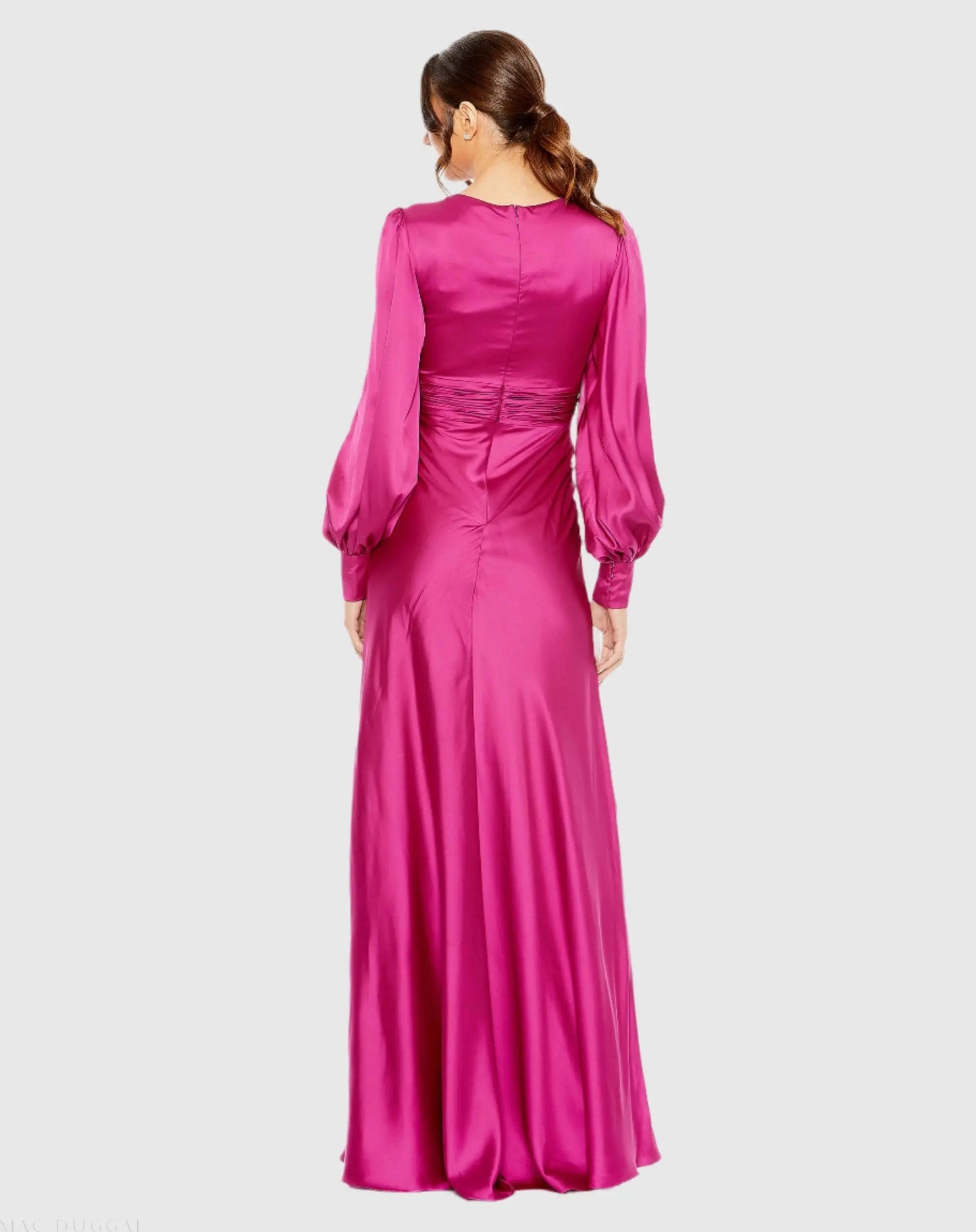 Pink Charmeuse Bishop Sleeve V Neck Gown - Mac Duggal