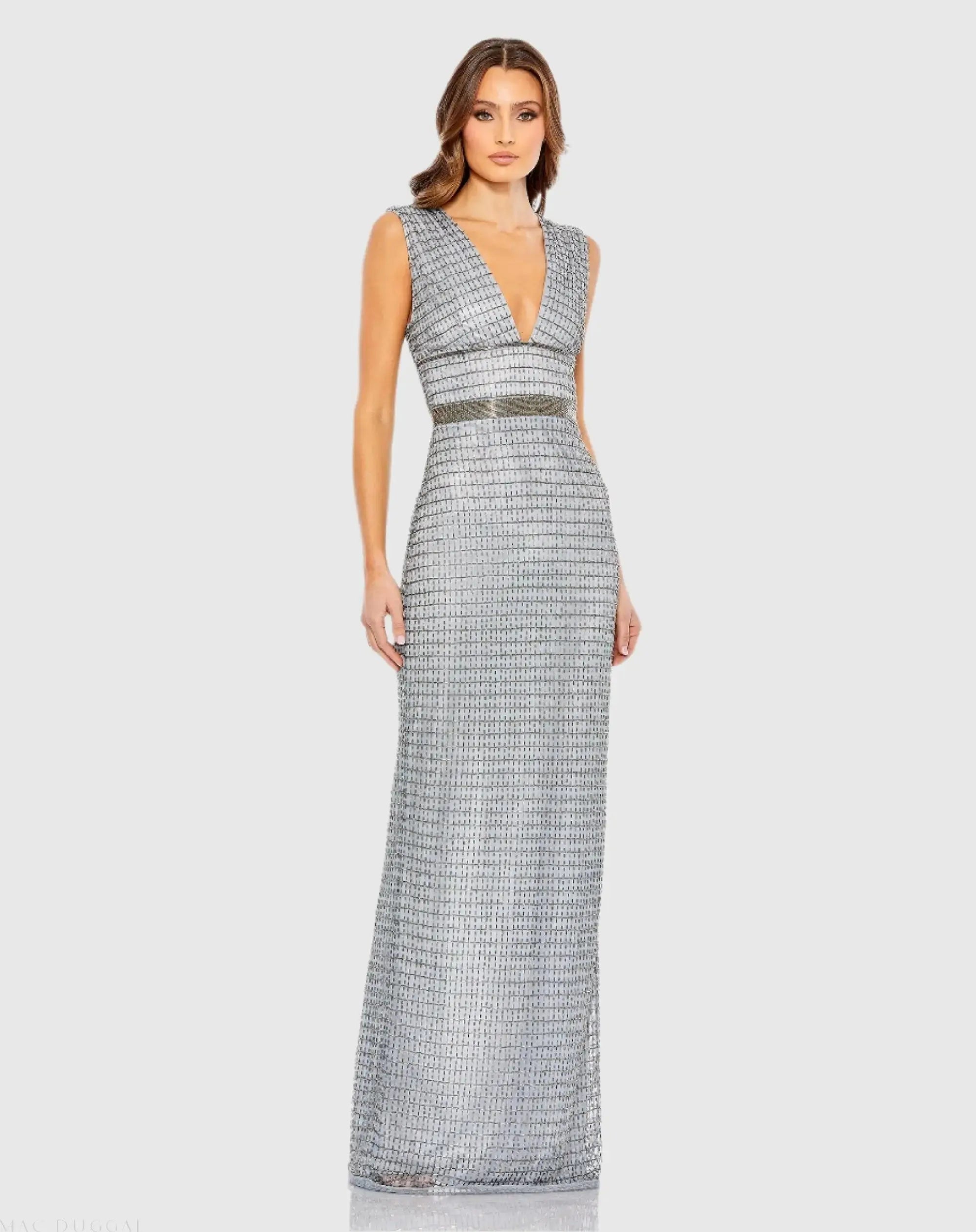 Silver Beaded Cap Sleeve V Neck Column Gown | Mac Duggal Silver Beaded Cap Sleeve V Neck Column Gown | Mac Duggal