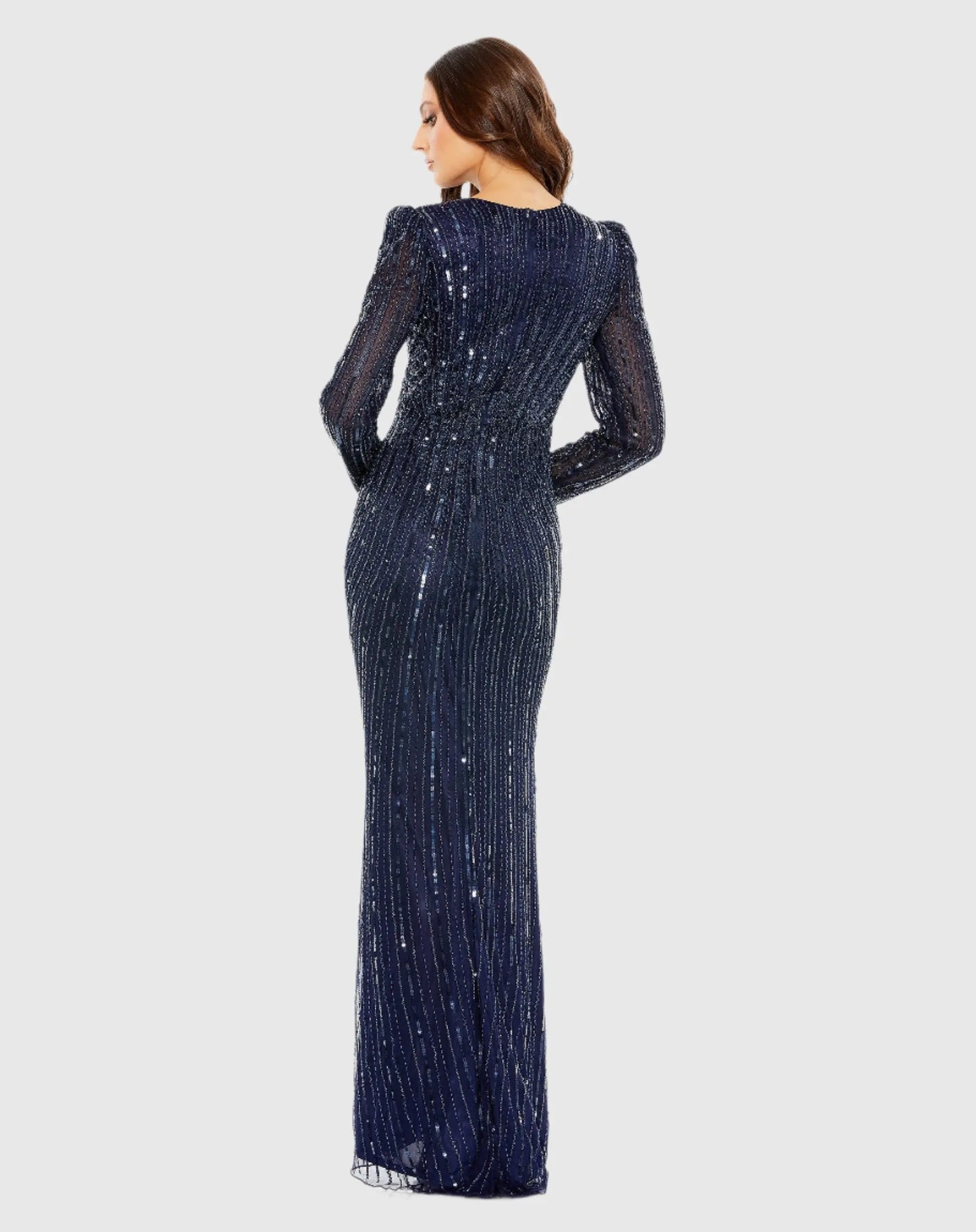 Navy Embellished Puff Sleeve Side Knot Gown - Mac Duggal