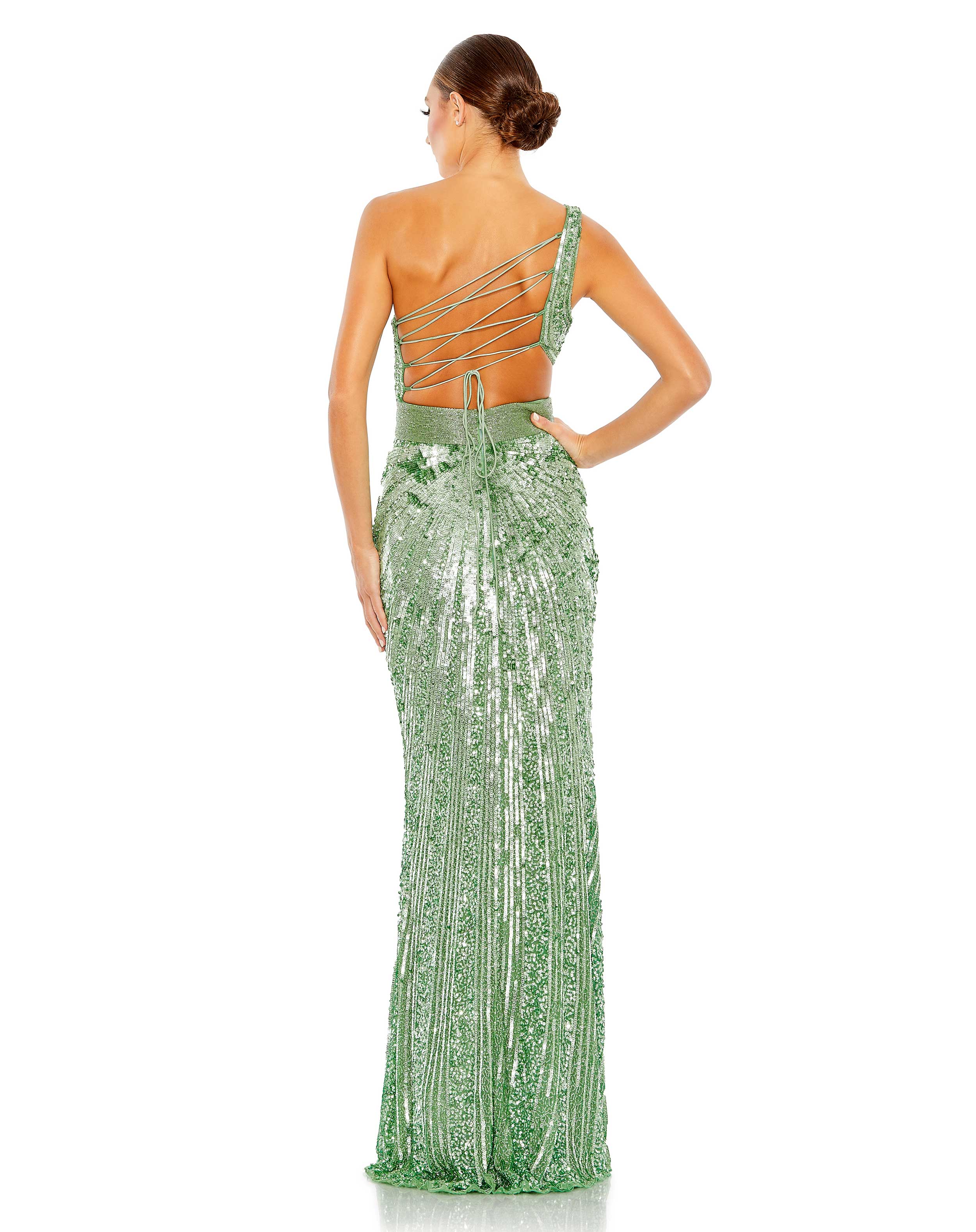 Sequined One Shoulder Draped Lace Up Gown