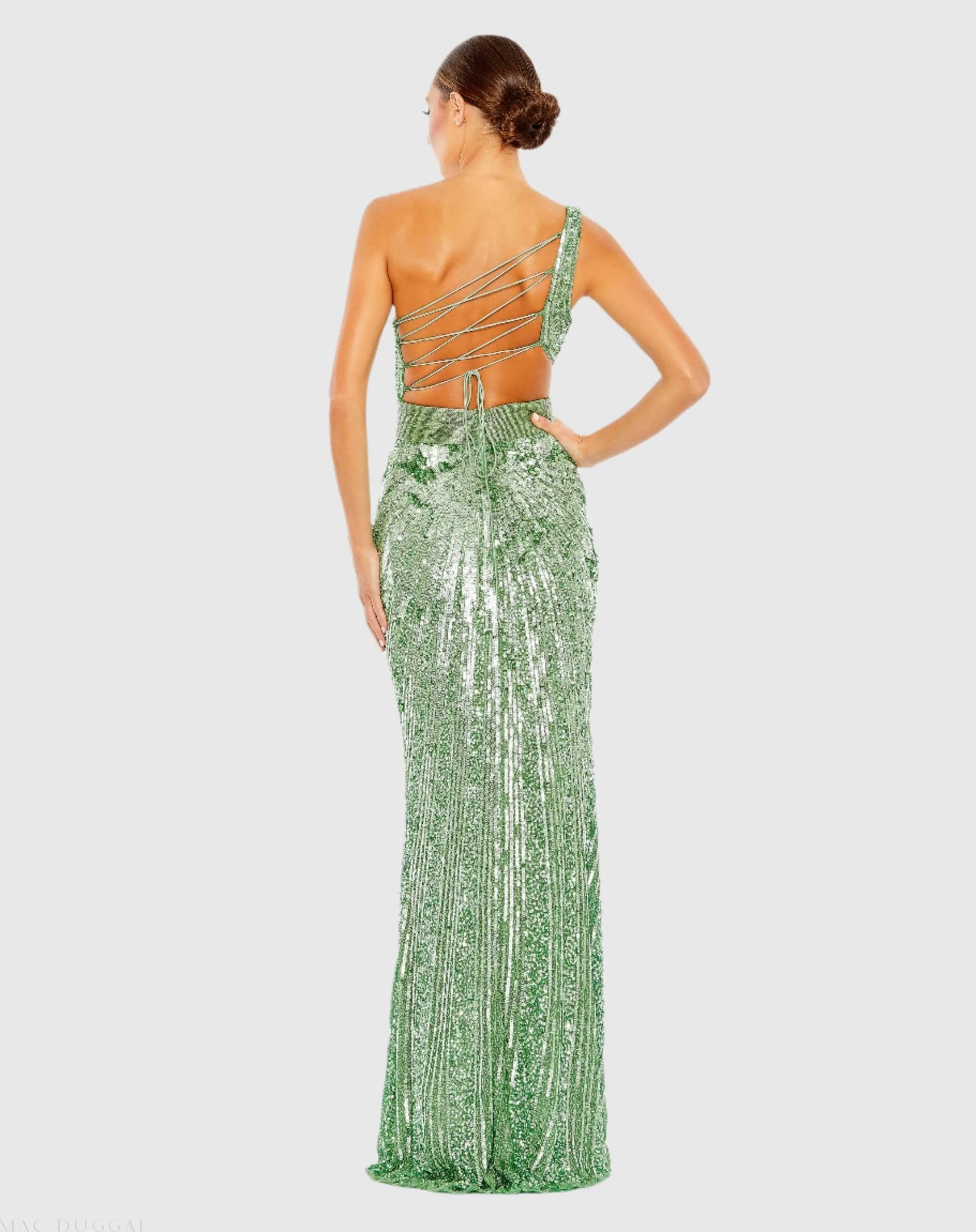 Green Sequined One Shoulder Draped Lace Up Gown - Mac Duggal