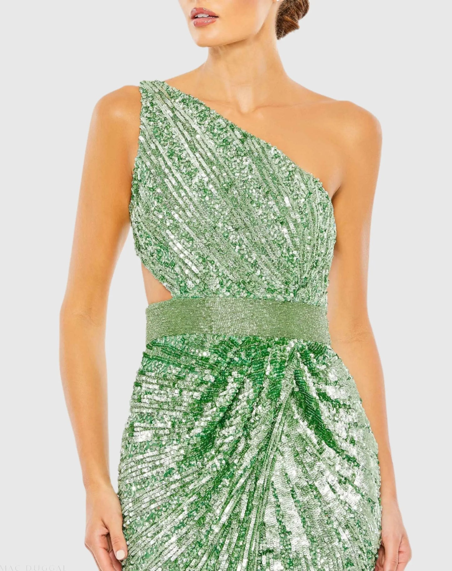 Green Sequined One Shoulder Draped Lace Up Gown - Mac Duggal