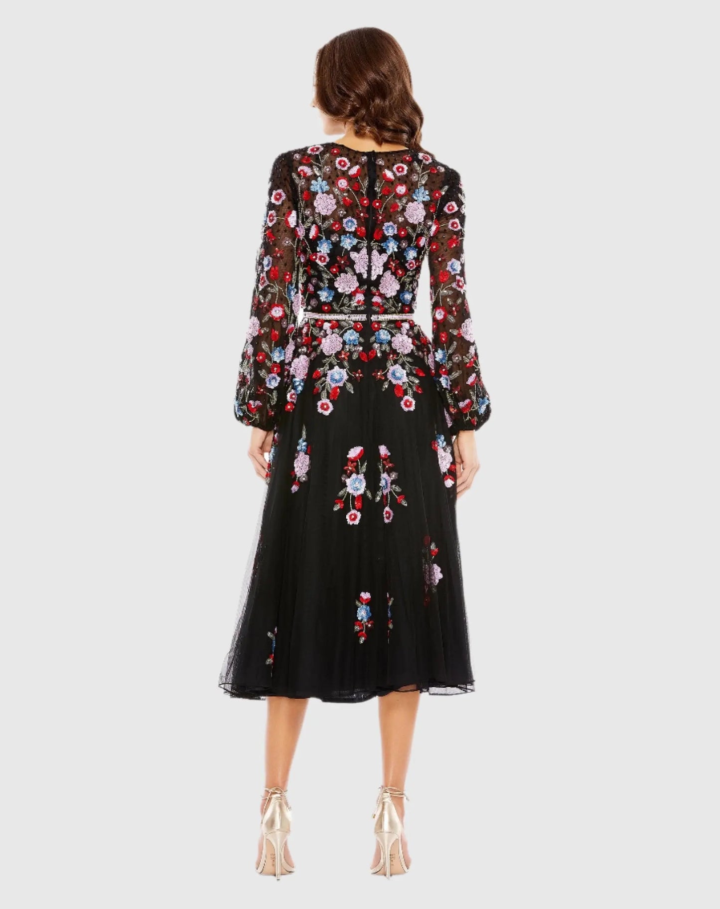 Sequined Floral High Neck Puff Sleeve Cocktail Dress - Mac Duggal