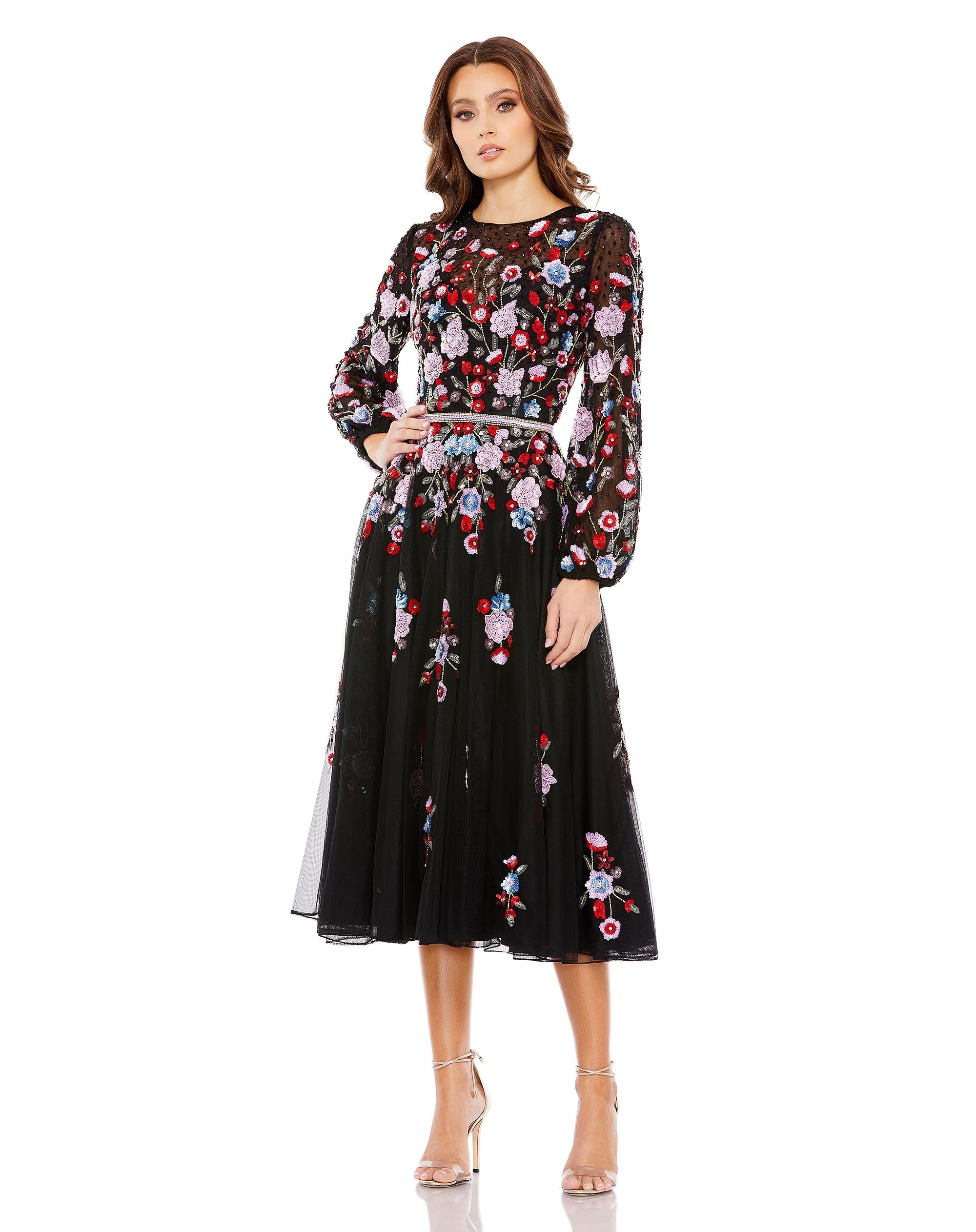 Sequined Floral High Neck Puff Sleeve Cocktail Dress