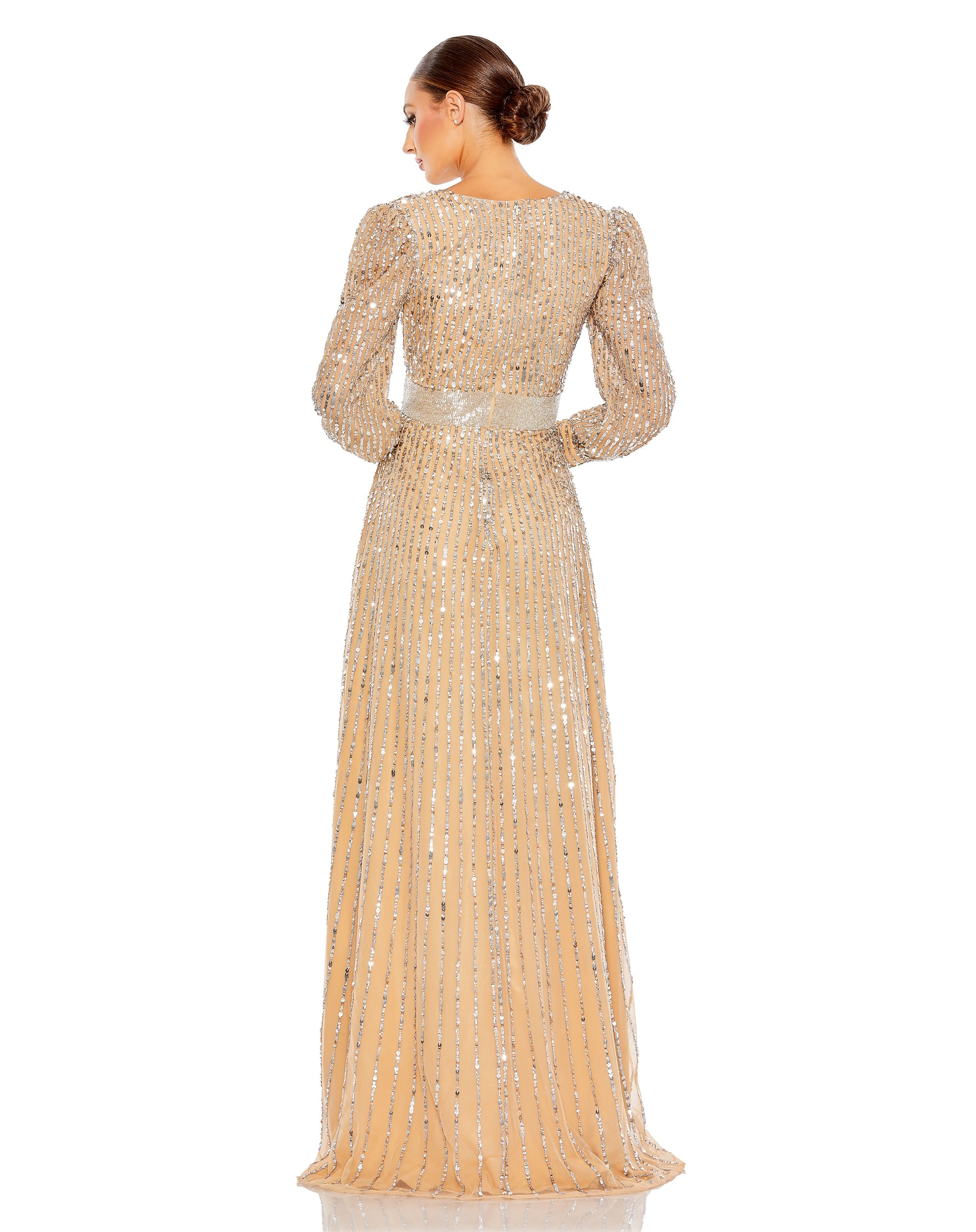 Sequined Wrap Over Bishop Sleeve Gown - FINAL SALE