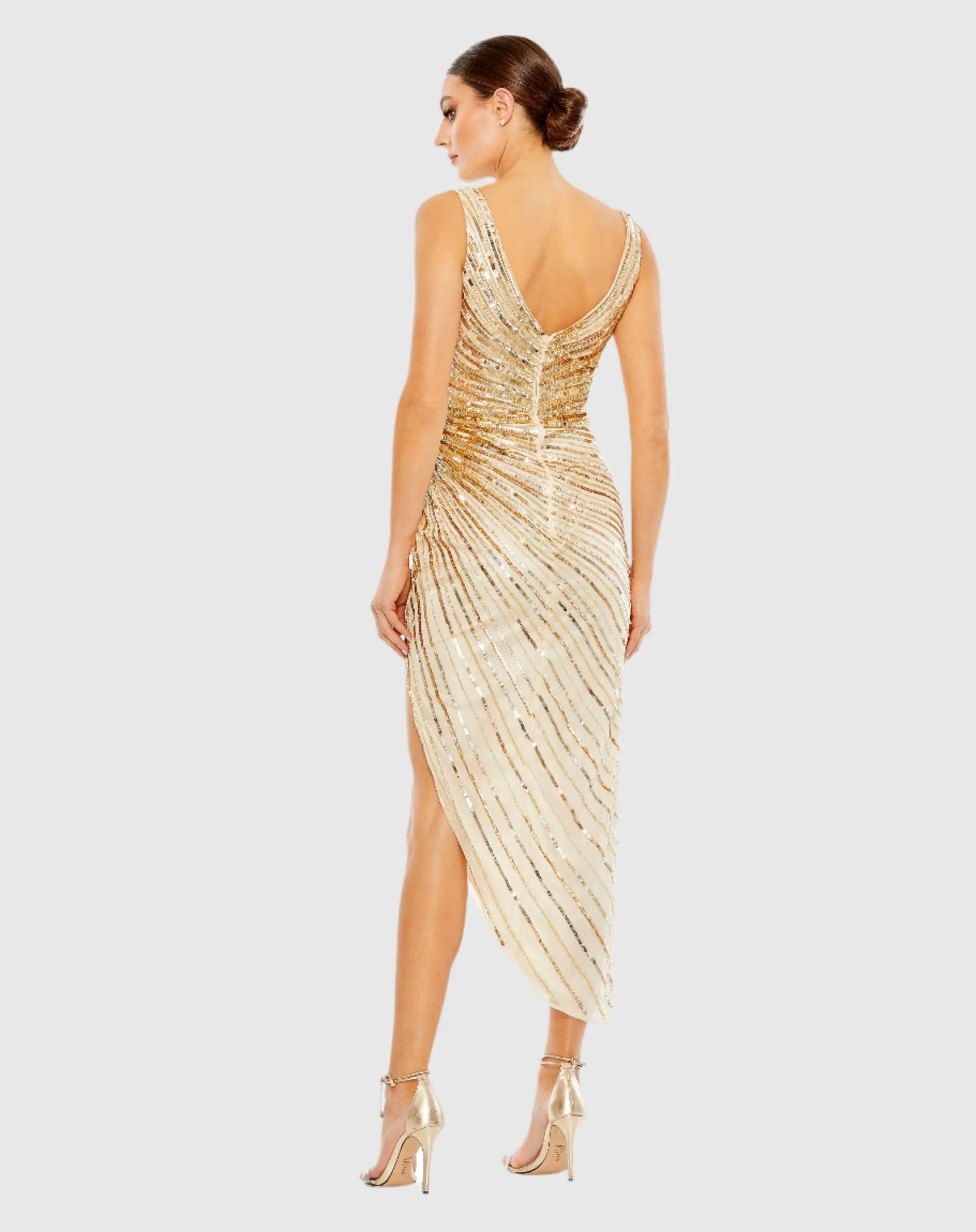 Gold Sequined Faux Wrap Sleeveless Midi Dress - Mac Duggal