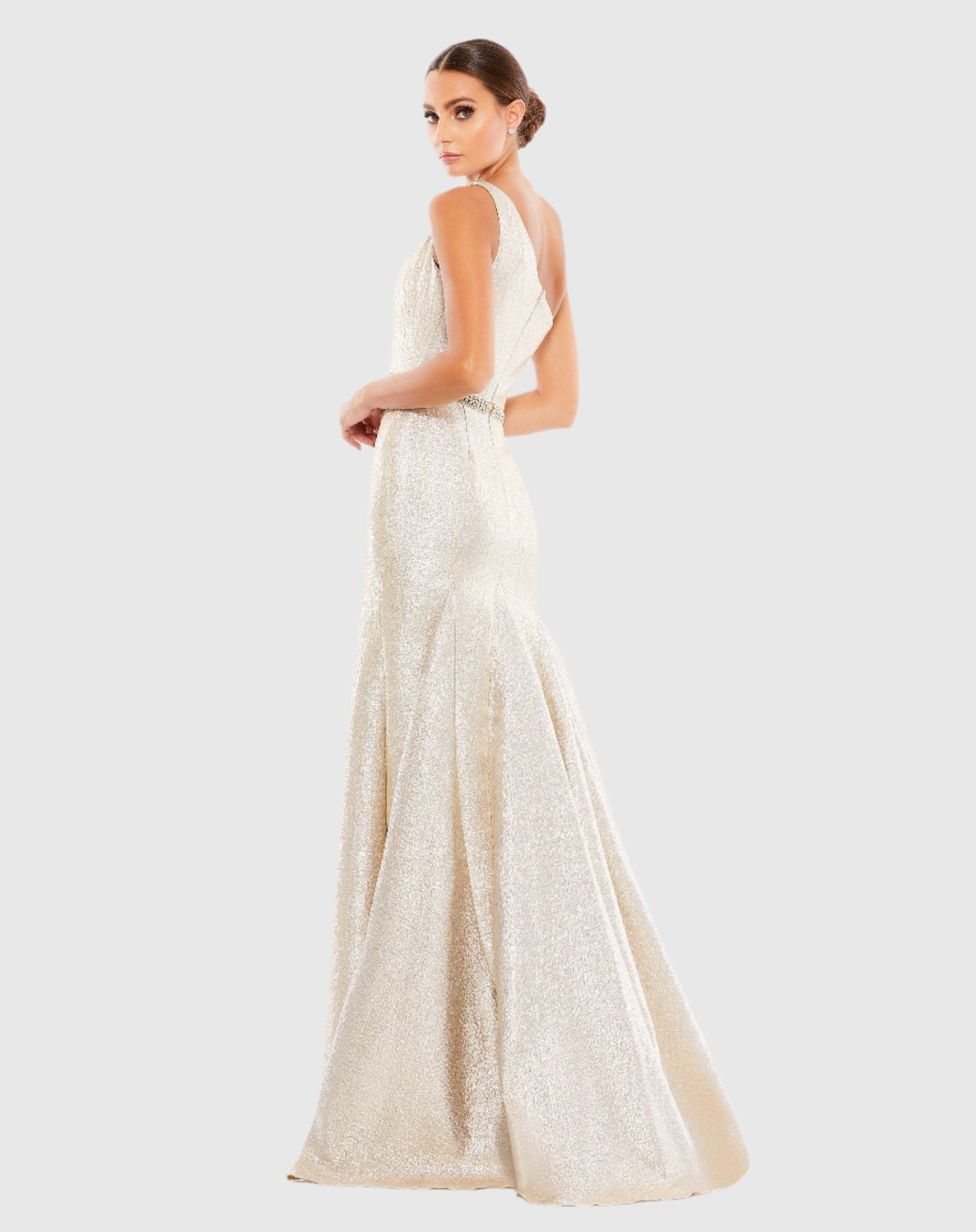 One Shoulder Metallic Ruffled Evening Gown (Rue Gilt) Mac Duggal